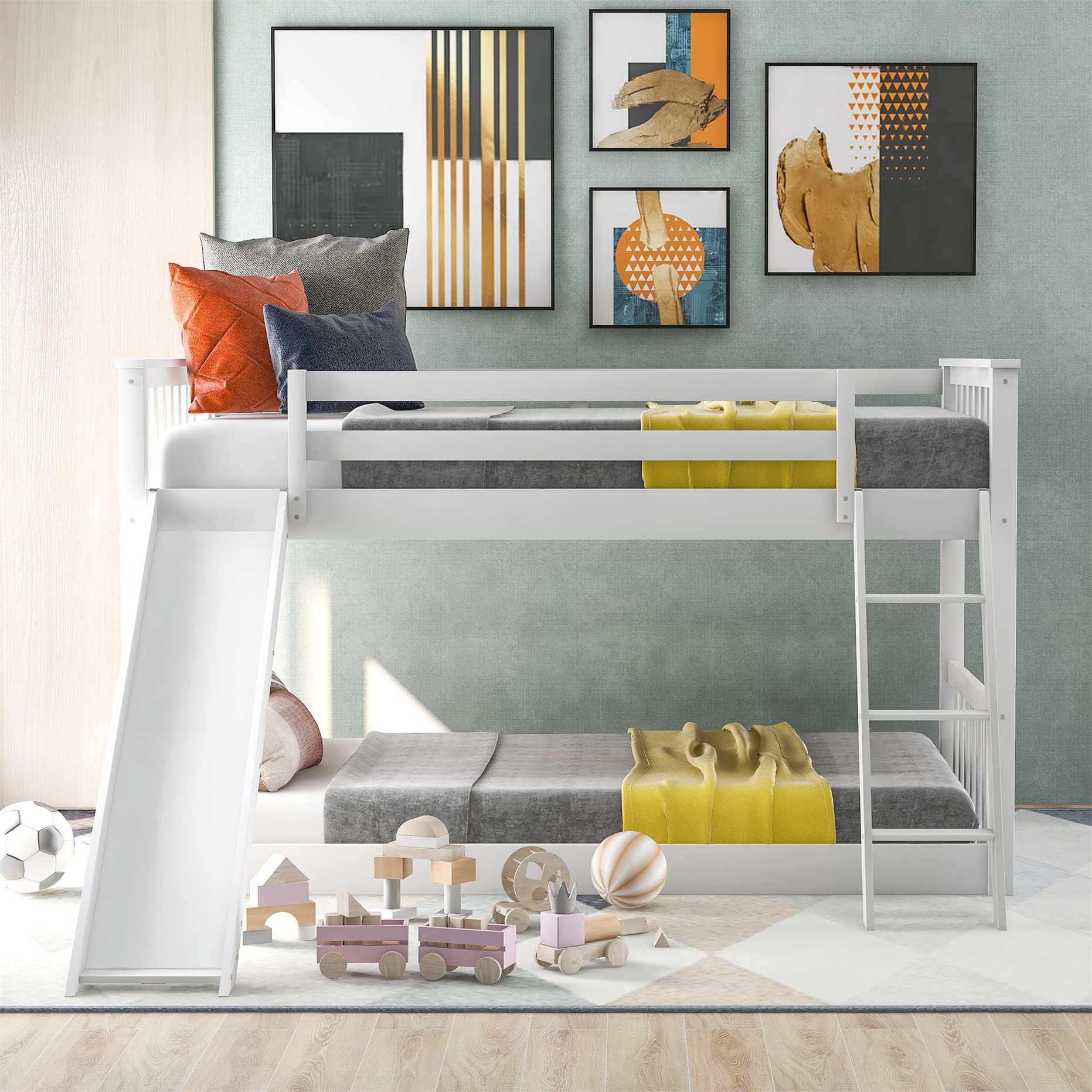 Harper & Bright Solid Wood Twin Over Twin Low Bunk Bed with Slide & Angled Ladders - Kids Bunk Bed for Toddlers to Teens (White) - Perfect for Small Bedrooms, Shared Kids Rooms & Sleepovers