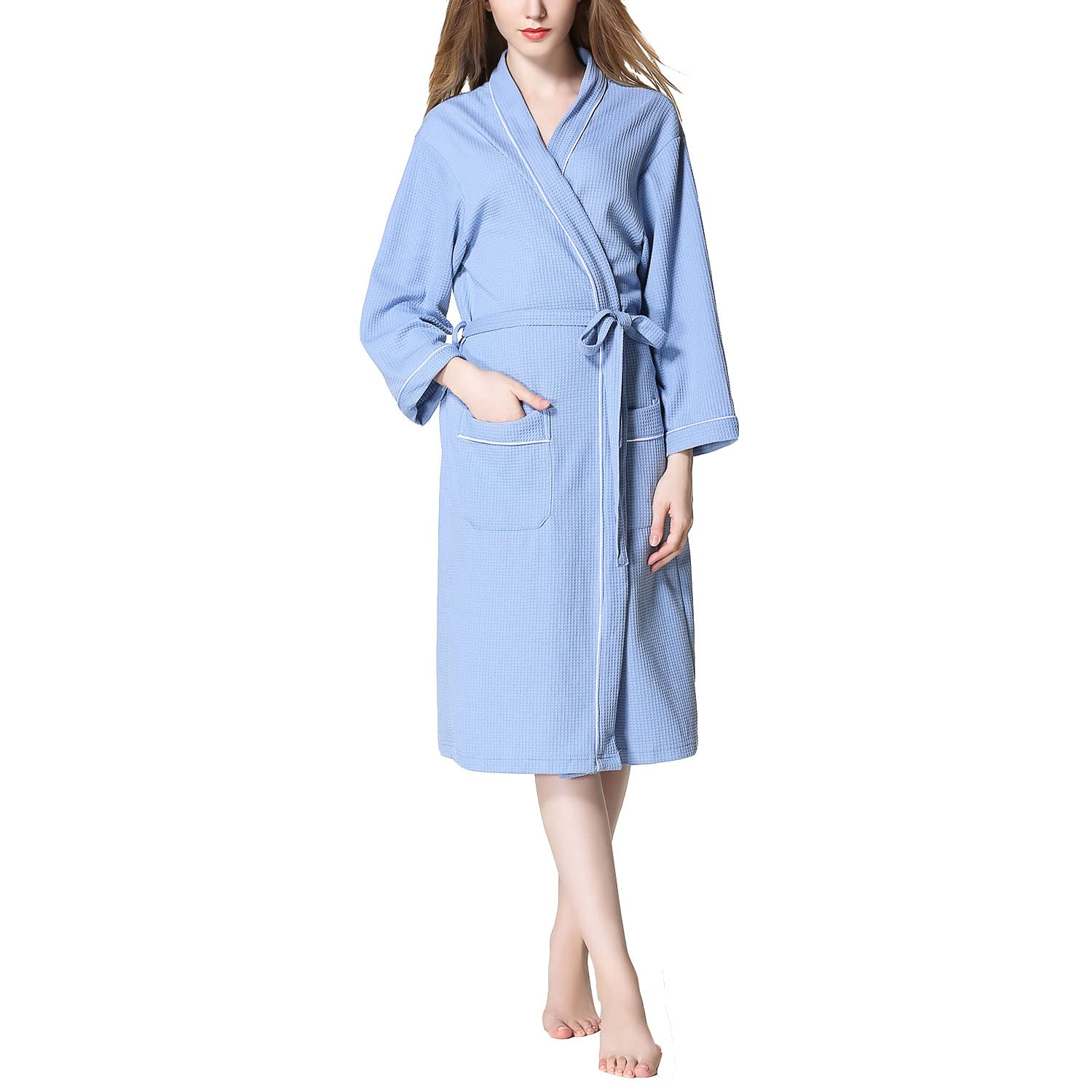 Lu's Chic Women's Waffle Robe - Lightweight Mid-Length Bathrobe with Belt, Soft Wave Texture for Spa, Sleepwear & Lounge Wear - Perfect for Relaxing at Home, After Shower or Vacation Getaway