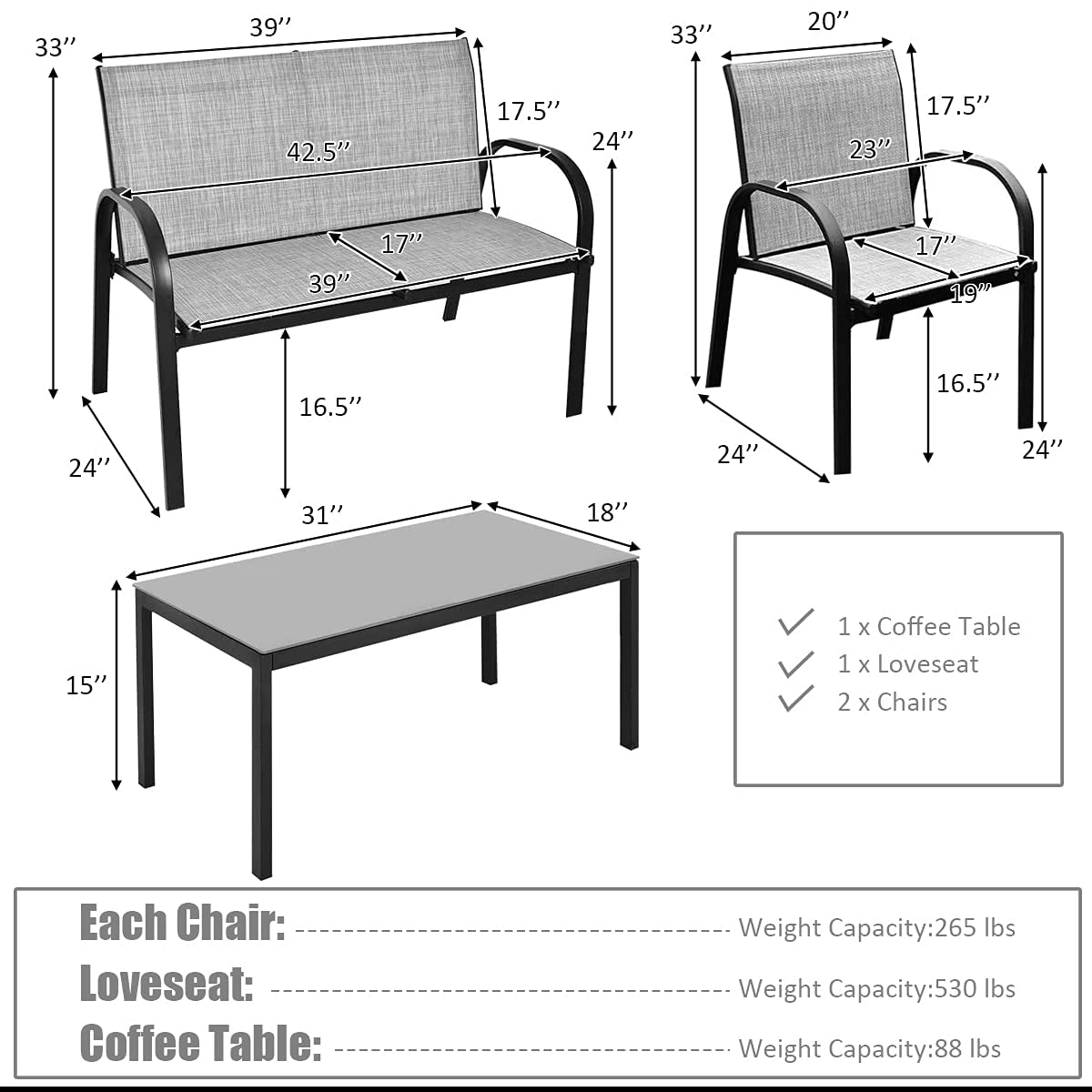 4-Piece Modern Patio Furniture Set with Metal Frame, Loveseat & Tempered Glass Table - Outdoor Conversation Set for Yard, Garden, Poolside, Backyard (Grey) HY-022 | Perfect for Relaxing, Entertaining & Outdoor Dining