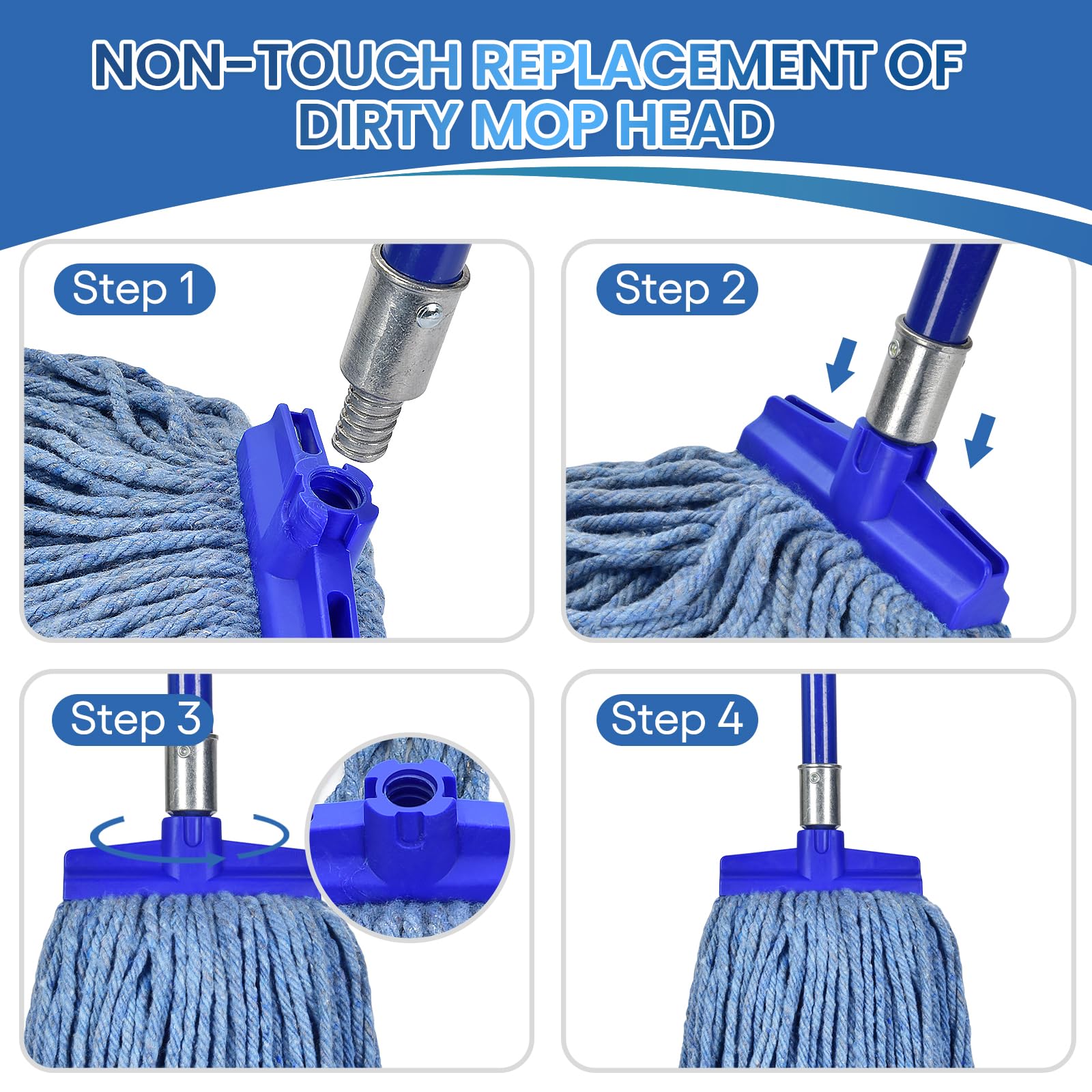 Heavy Duty Cotton Wet Mop Heads (3-Pack) with Microfiber Cloths - for Home & Commercial Cleaning