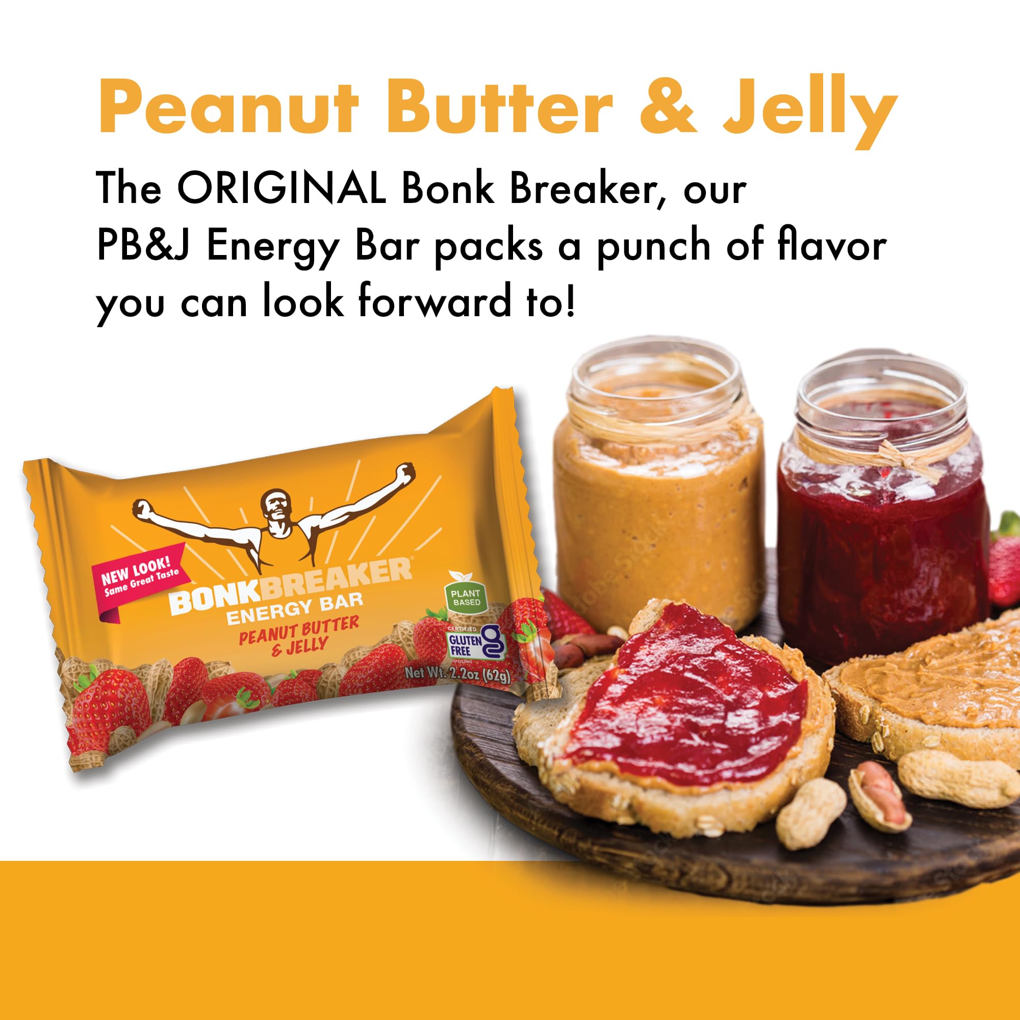 Bonk Breaker Gluten-Free Protein Energy Bar - Peanut Butter & Jelly Flavor, 8g Protein, 62g (12 Pack) | Healthy Snack for Hiking, Cycling & Post-Workout Recovery
