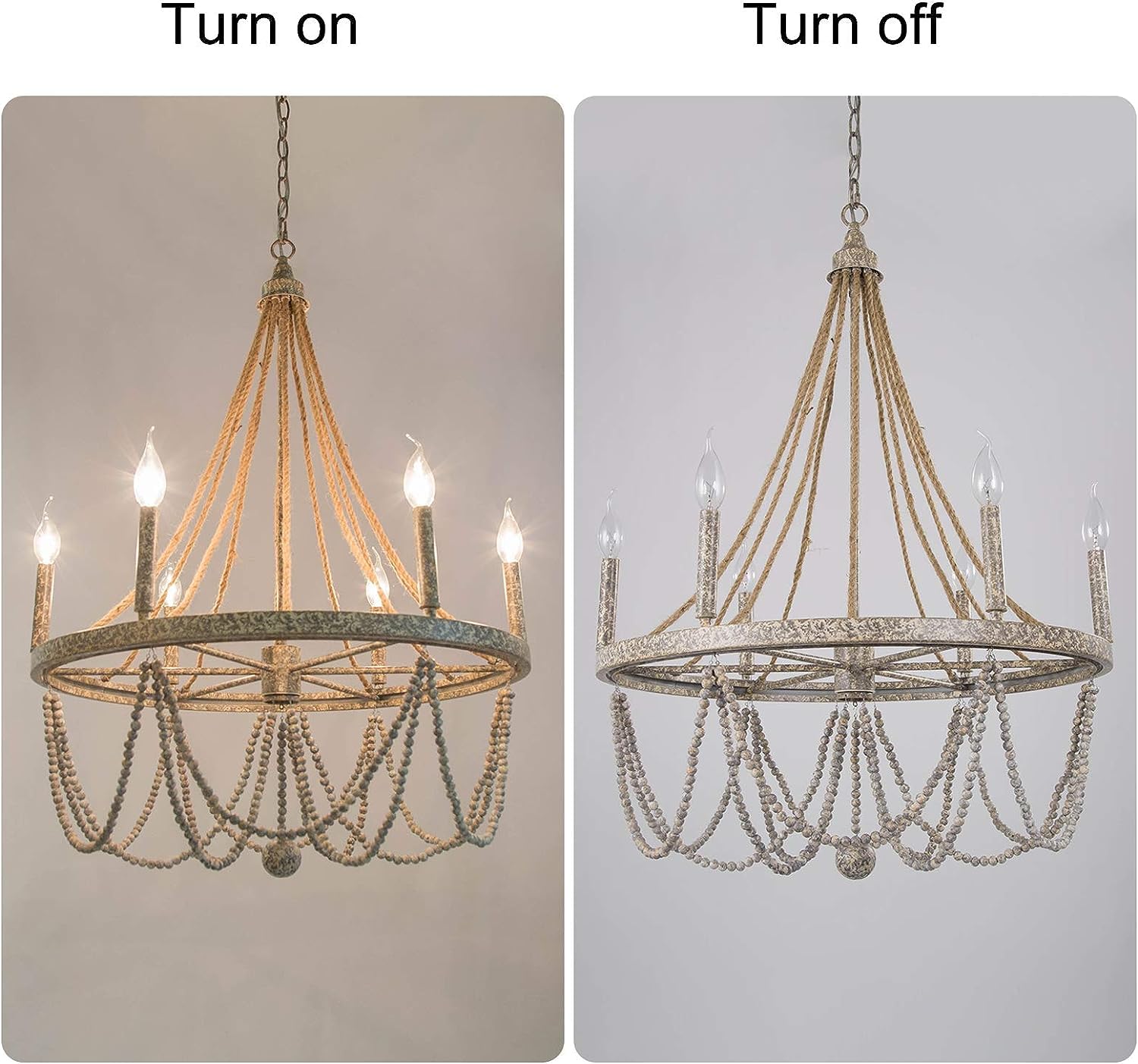 Rustic Wood Beaded 6-Light Boho Chandelier with Hemp Ropes - Farmhouse Style Distressed Granite Finish Lighting Fixture for Dining Room, Bedroom, Living Room & Entryway | Perfect for Boho, Farmhouse & Rustic Home Decor