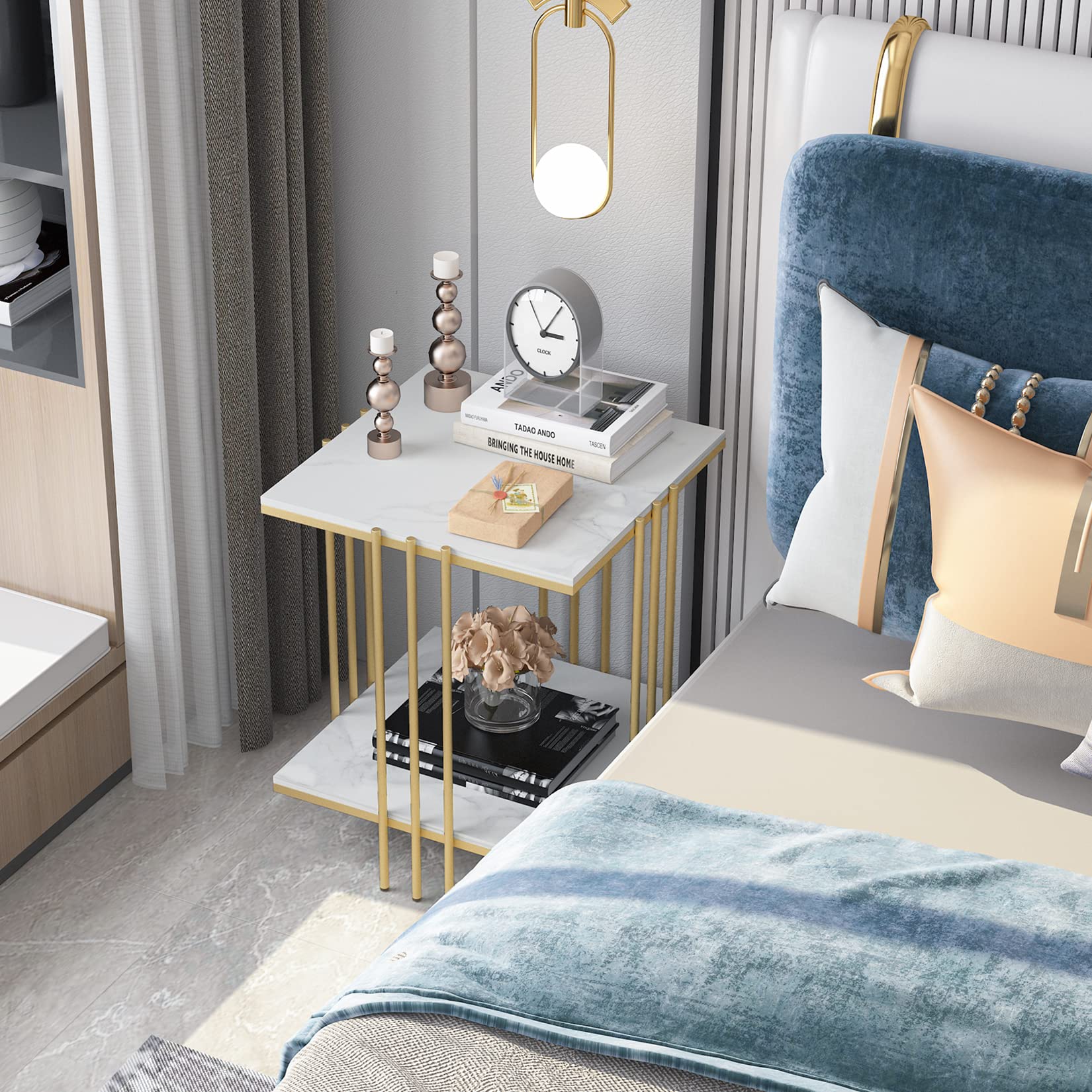 Wisfor Sintered Stone End Table - 2 Tier Square White Sofa Side Table with Golden Frame - Modern Small Coffee Table & Bedside Nightstand for Living Room, Bedroom - Perfect for Coffee, Books & Decor Display