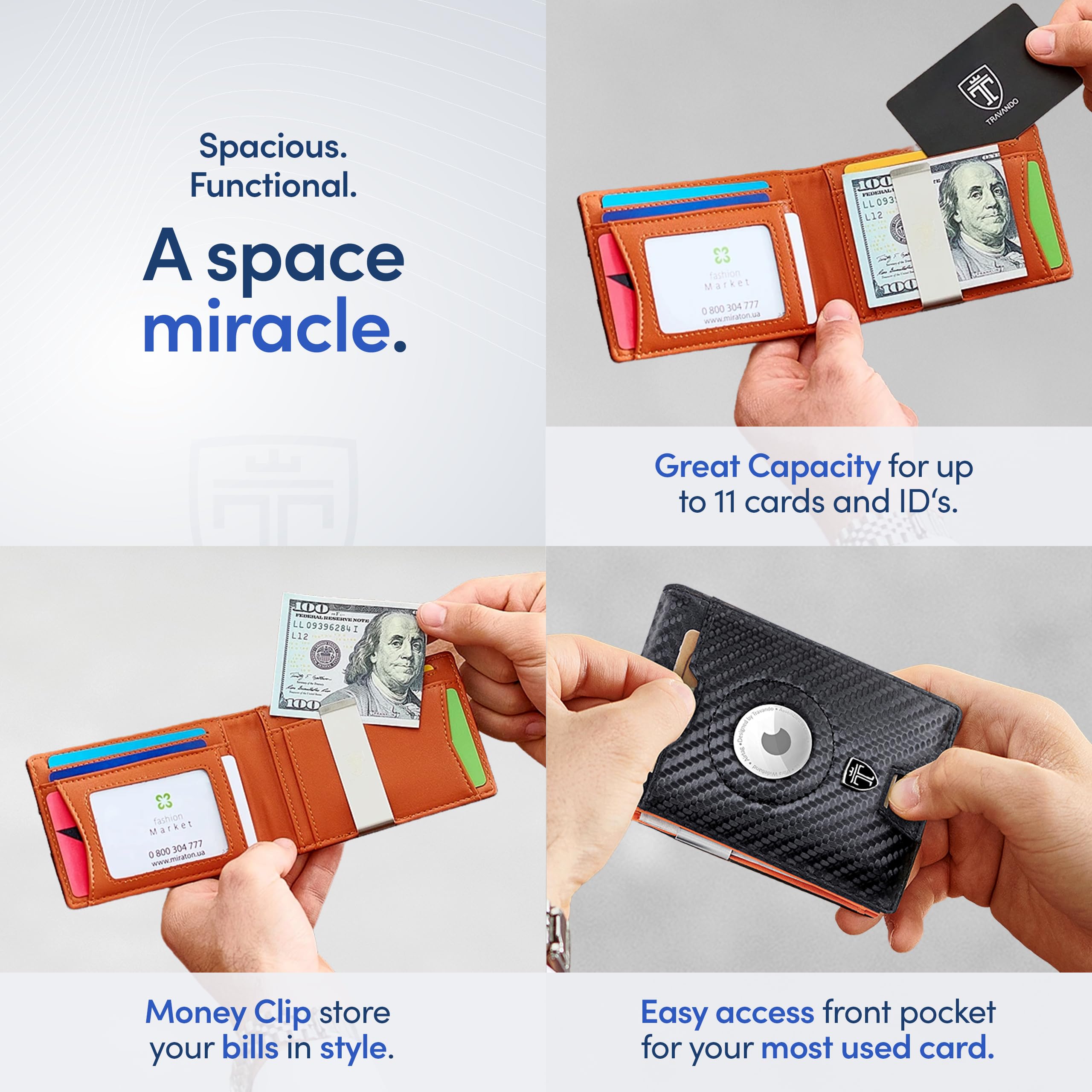 TRAVANDO Men's RFID Blocking Bifold Wallet with Money Clip & AirTag Holder - Slim Card Holder for Credit Cards & Cash - Perfect Gift for Dad, Husband, Boyfriend (Business, Travel, Everyday Carry)