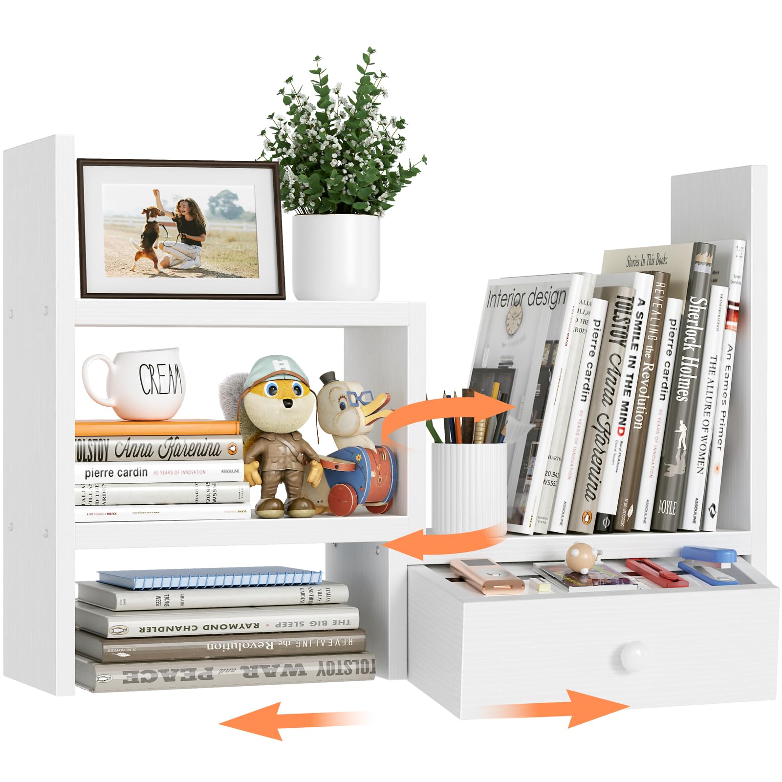 White Desk Organizer Shelf with Drawers - Desktop Bookshelf for Office & Home, Small Hutch Decor for Women, Perfect for Workspace, Study, and Corner Table Organization