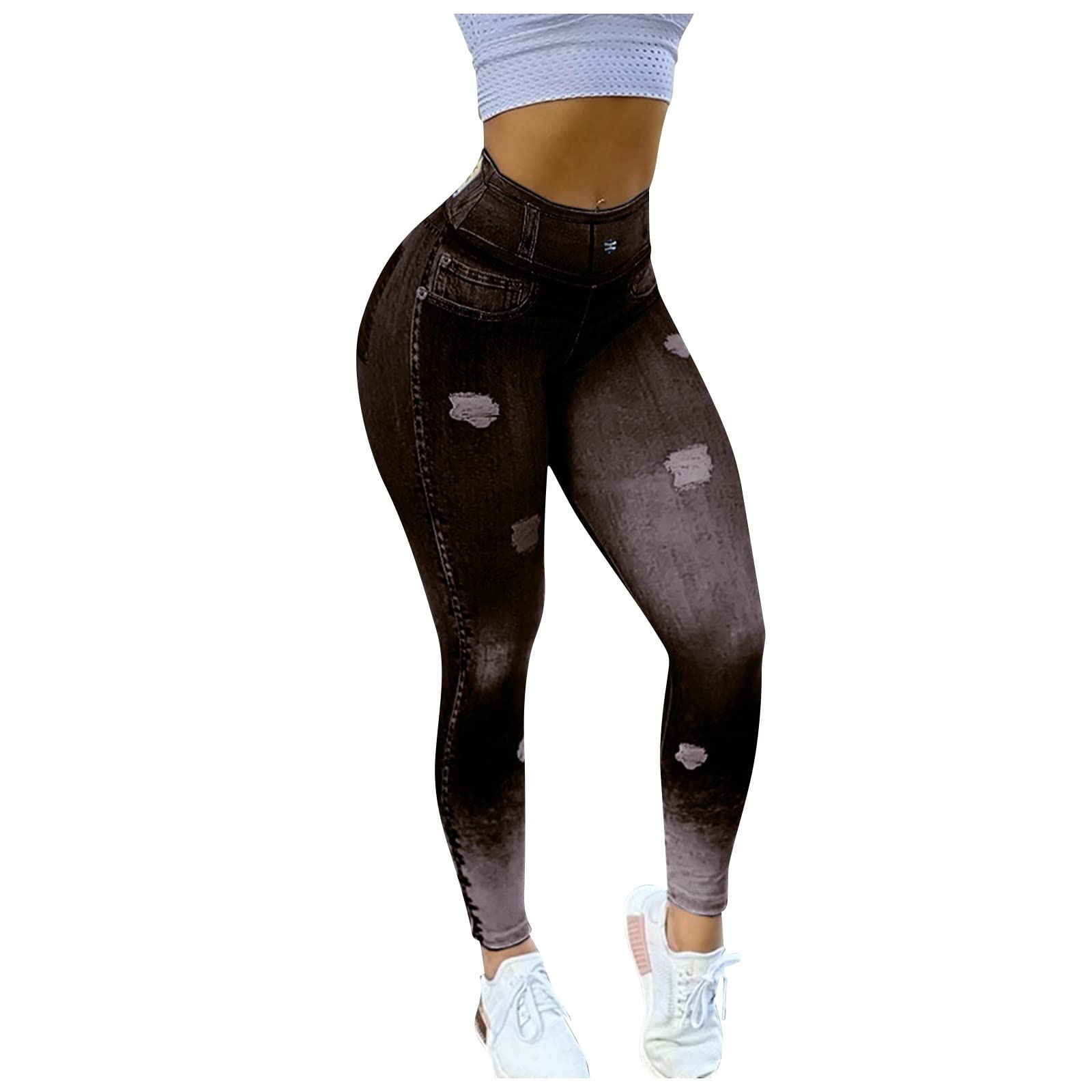 Women's Stretch High Waisted Butt Lift Skinny Ripped Jean Leggings - Fake Denim Pants for Everyday Comfort & Style | Perfect for Casual Outings, Work & Date Nights