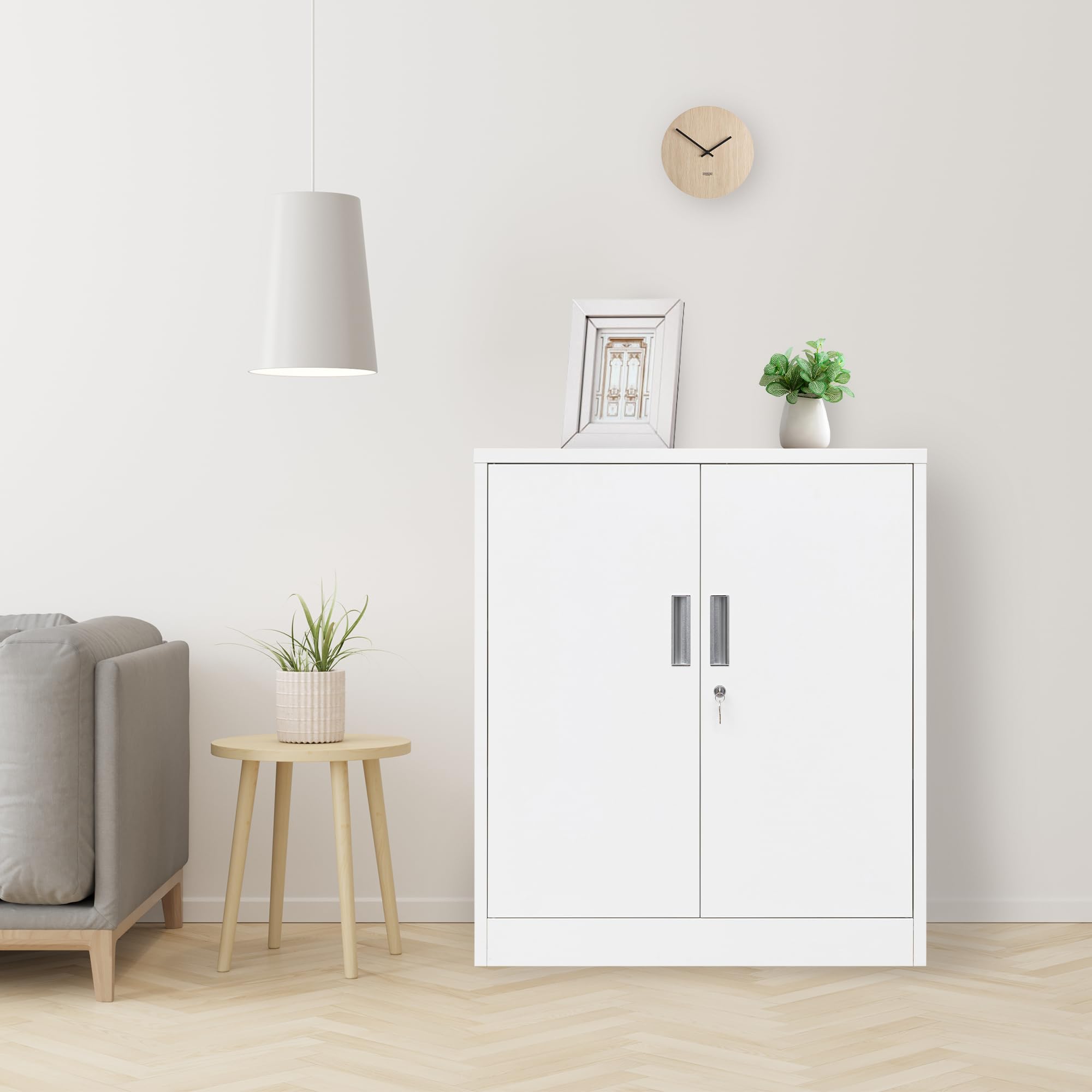 White Metal Storage Cabinet with Locking Doors & Adjustable Shelves - Secure Organizer for Office, Garage, Home & Workshop - Perfect for Tools, Documents & Household Supplies