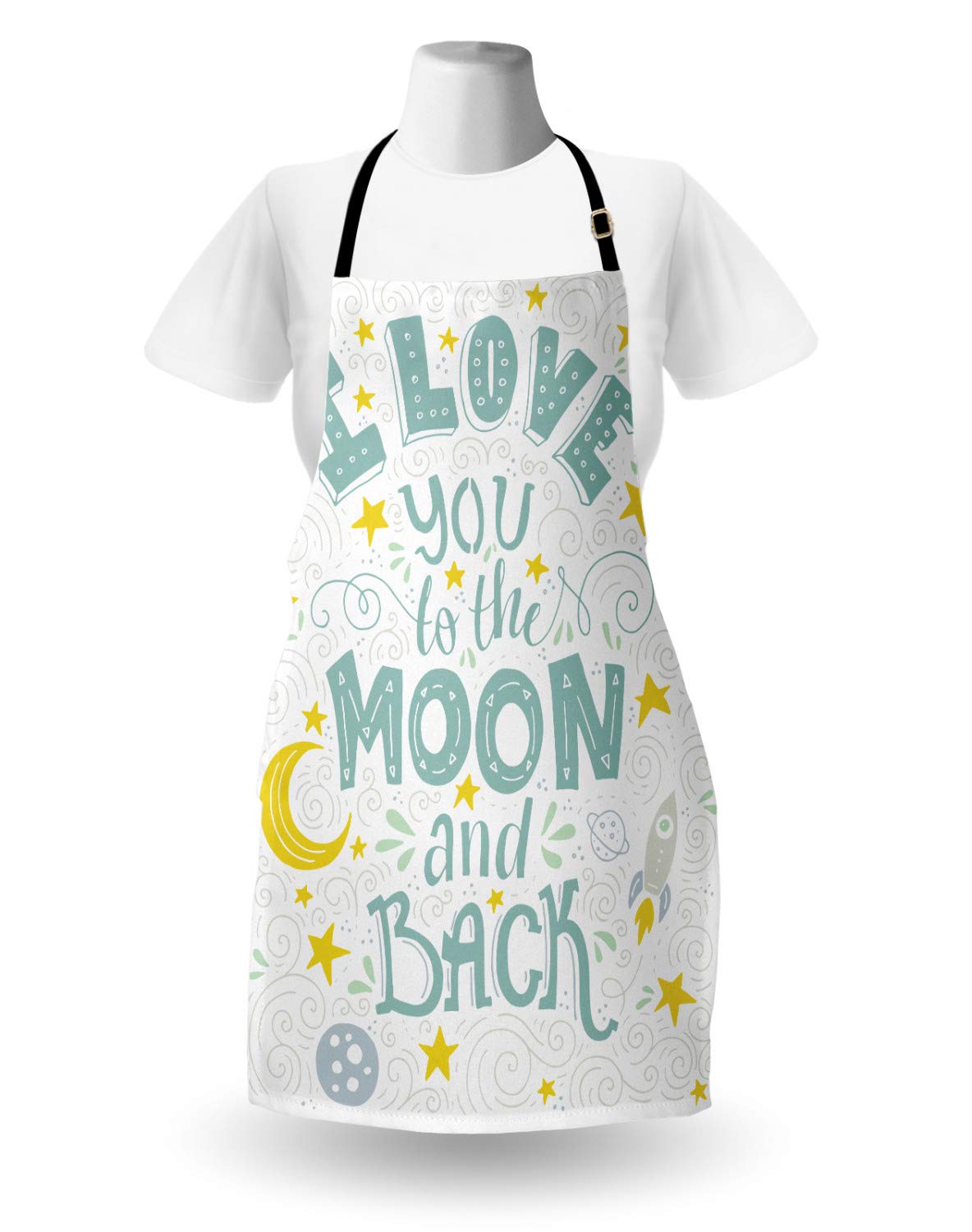 Ambesonne 'I Love You to the Moon and Back' Apron - Crescent Moon, Stars & Galaxy Print - Adjustable Unisex Kitchen Bib for Cooking, Baking & Gardening - Adult Size White Pale Seafoam - Perfect for Romantic Dinners, Outdoor BBQs & Space-Themed Parties