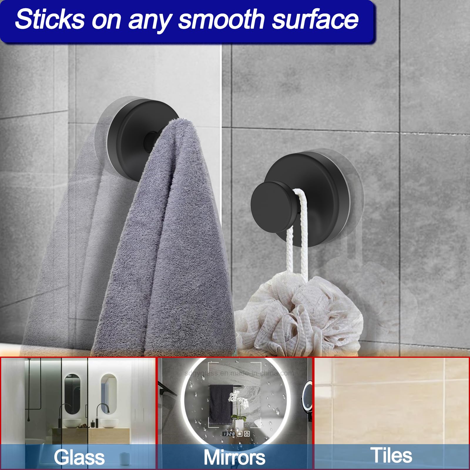 Strong Suction Cup Hooks for Shower, Bathroom & Kitchen - Removable Adhesive Hooks for Towels, Robes & Organizing on Glass, Tile & Walls (2-Pack, Black) - Perfect for Hanging Bath Accessories & Kitchen Utensils