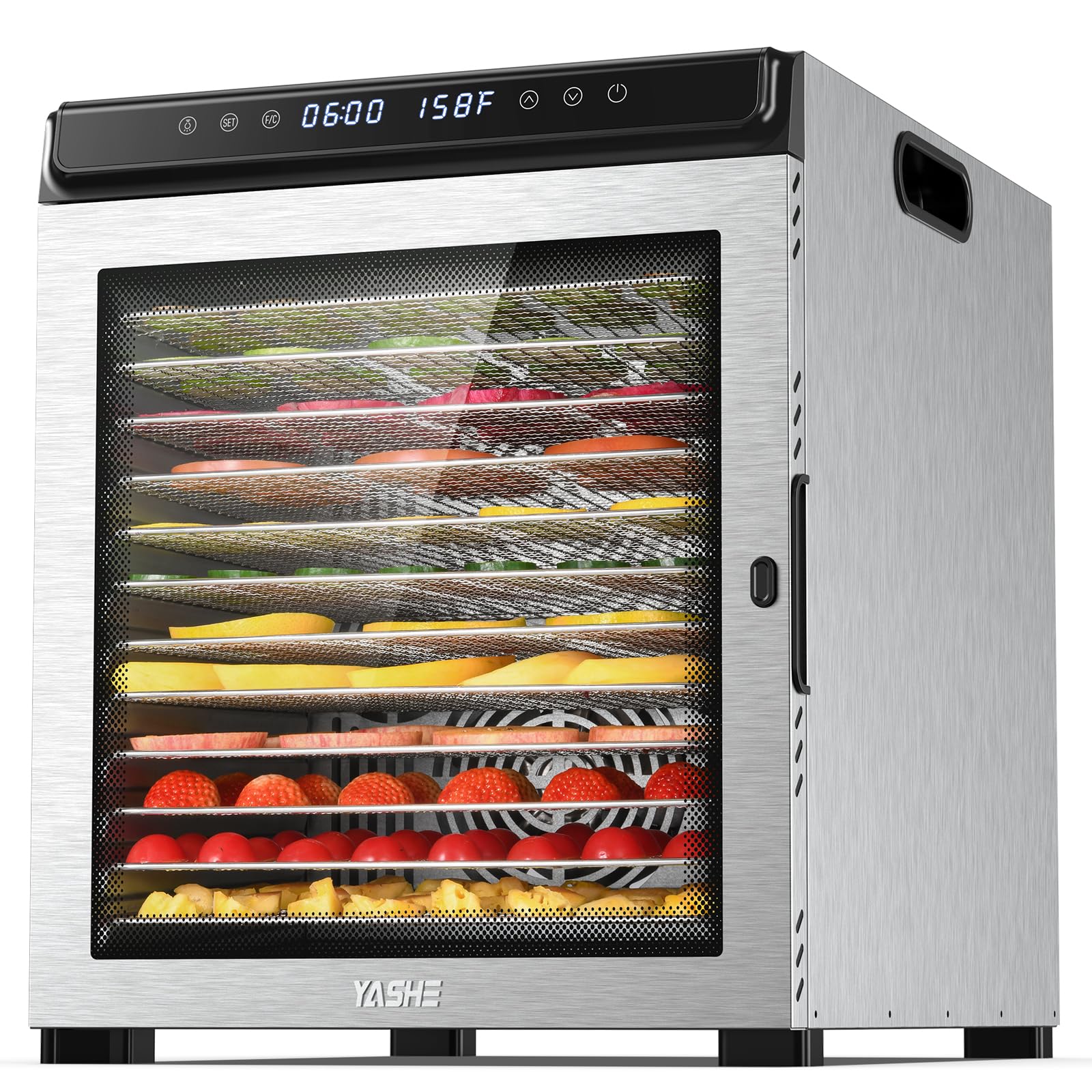Premium YASHE 12-Tray Stainless Steel Food Dehydrator - 1300W Electric Food Dryer with 72H Timer & Adjustable Temperature (95°F-167°F) - Perfect for Jerky, Fruits, Herbs, Dog Treats - Includes Free Recipe Book - Ideal for Home Kitchen, Camping & Healthy Snack Preparation