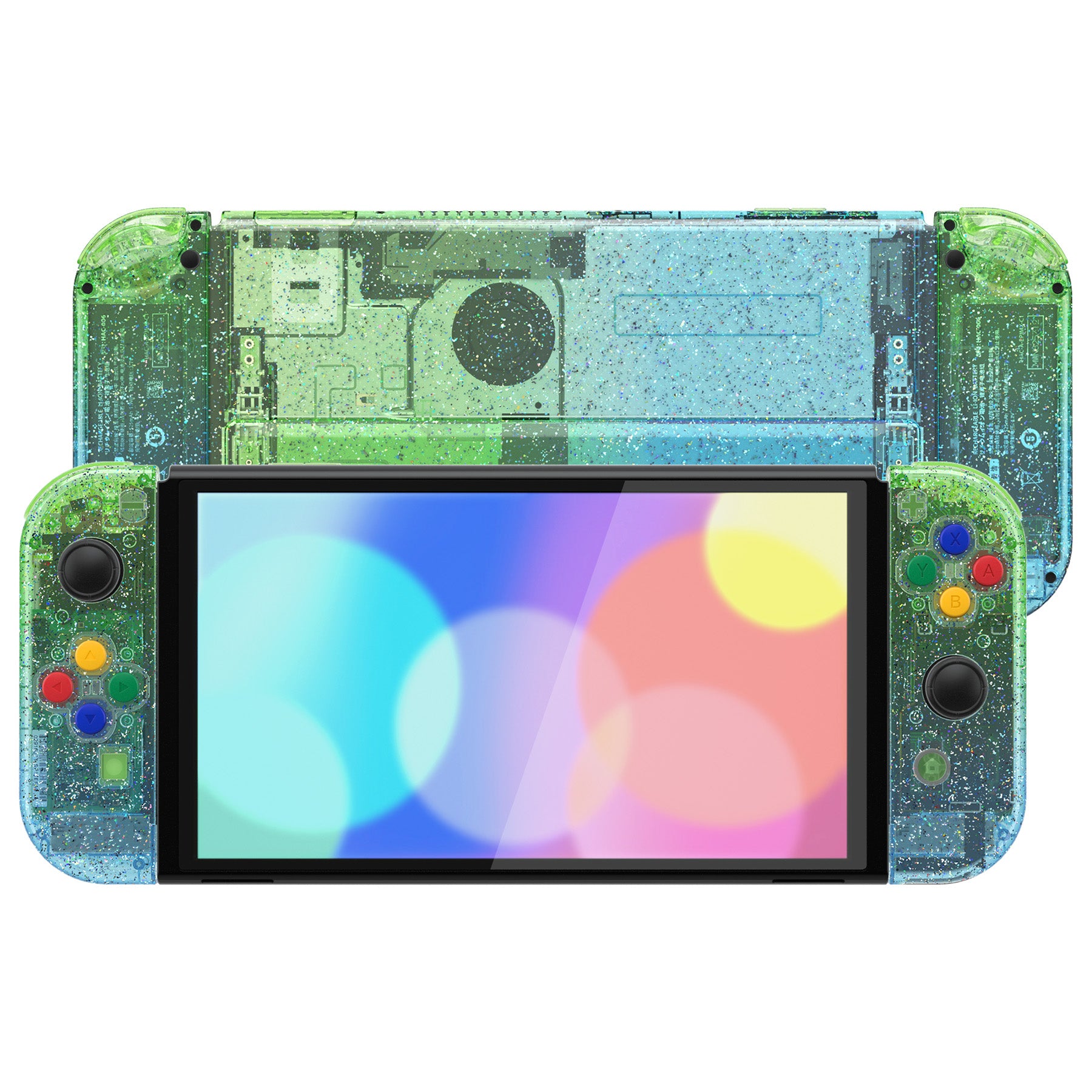 eXtremeRate Custom Replacement Full Set Shell with Buttons for Nintendo Switch OLED - Glitter Gradient Translucent Green Blue | Upgrade Your Gaming Console for Enhanced Aesthetics & Durability | Perfect for Gaming Enthusiasts & Customization Lovers