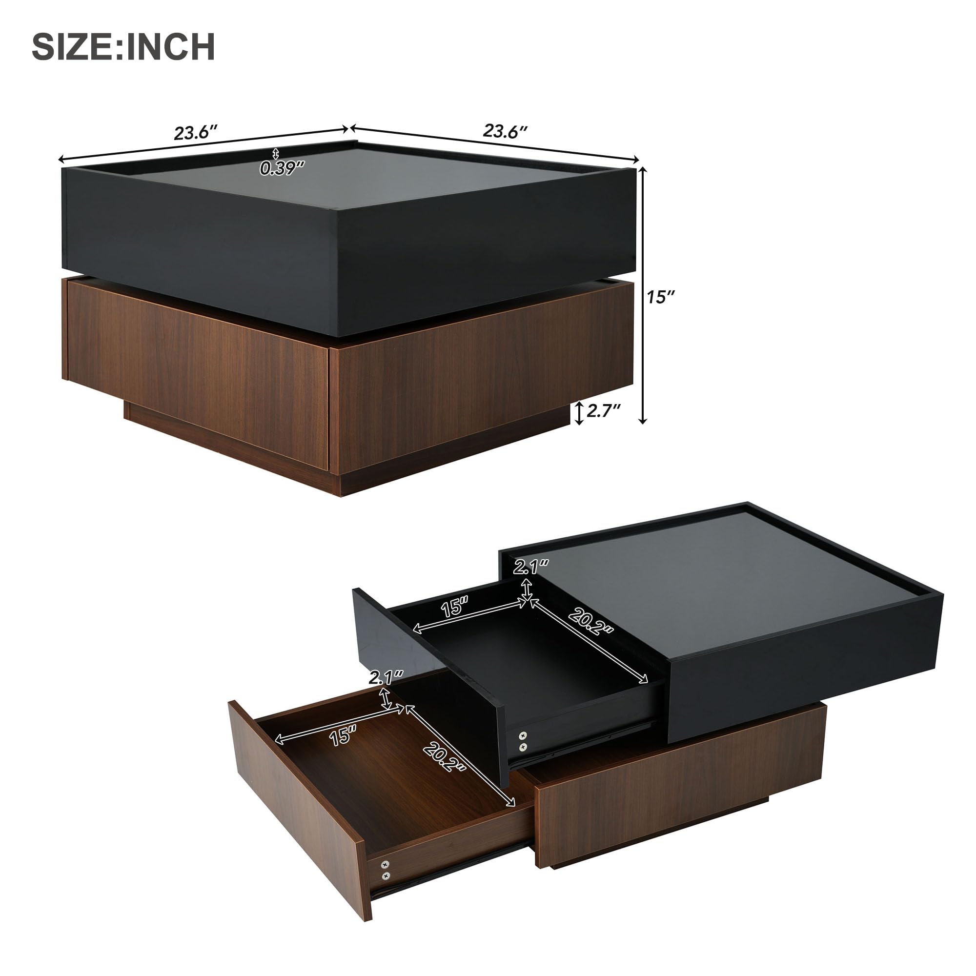 360° Rotating Modern Coffee Table with 2 Storage Drawers - High Gloss 2-Tier Square Center Table & Side Table for Living Room - Black & Walnut Finish - Perfect for Small Spaces & Home Decor