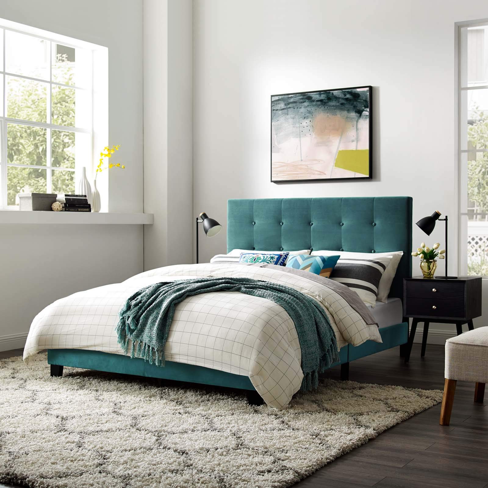 Modern Urban Designer Full Size Platform Bed Frame - Velvet Fabric Upholstered, Navy Blue - Perfect for Contemporary Bedrooms & Small Spaces