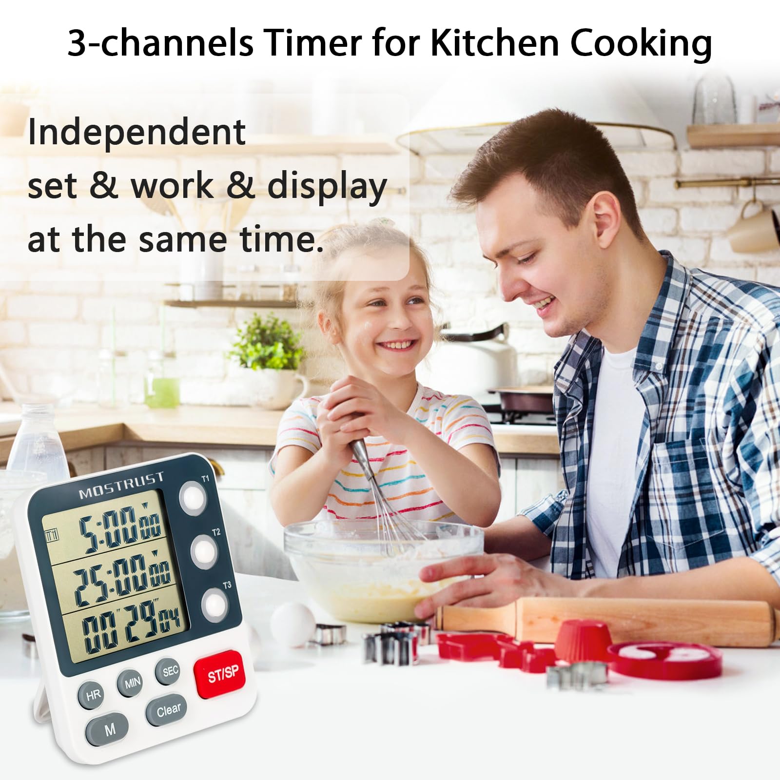 Digital Dual Kitchen Timer with 3 Channels - Count Up/Down Triple Cooking Timer for Baking, Memory Presets, Magnetic Back & Large Display - Adjustable Alarm Volume for Multi Time Management - Perfect for Baking, Cooking, Meal Prep & Kitchen Organization