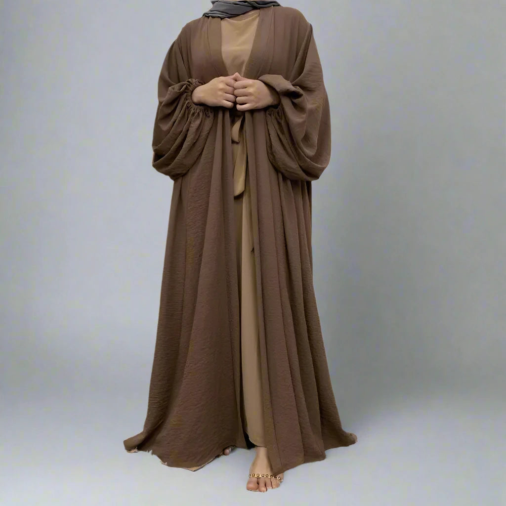 Stylish Elastic Puff Sleeve Muslim Women's Cardigan Open Abaya Dress - Perfect for Prayer, Modest Fashion & Everyday Wear