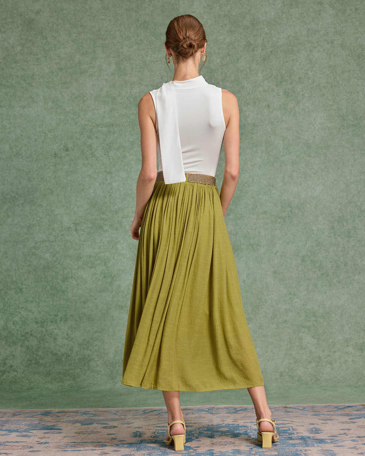 Elegant Green Belt Flowy Midi Skirt for Women - Boho Summer Wrap Skirt with Adjustable Waist - Perfect for Beach, Vacation & Casual Outings
