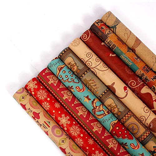9-Piece Kraft Gift Wrapping Paper Roll Set - 50x70cm Christmas Birthday Holiday Wrapping Paper for Kids, DIY Crafts, Party Decorations & Present Wrapping - Perfect for Christmas Gifts, Birthday Presents, and Home Decor Projects