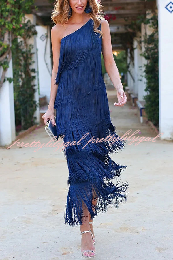 Elegant Fringed One Shoulder Asymmetric Midi Dress for Women - Boho Chic Party, Cocktail & Evening Wear - Perfect for Weddings, Date Nights & Special Occasions