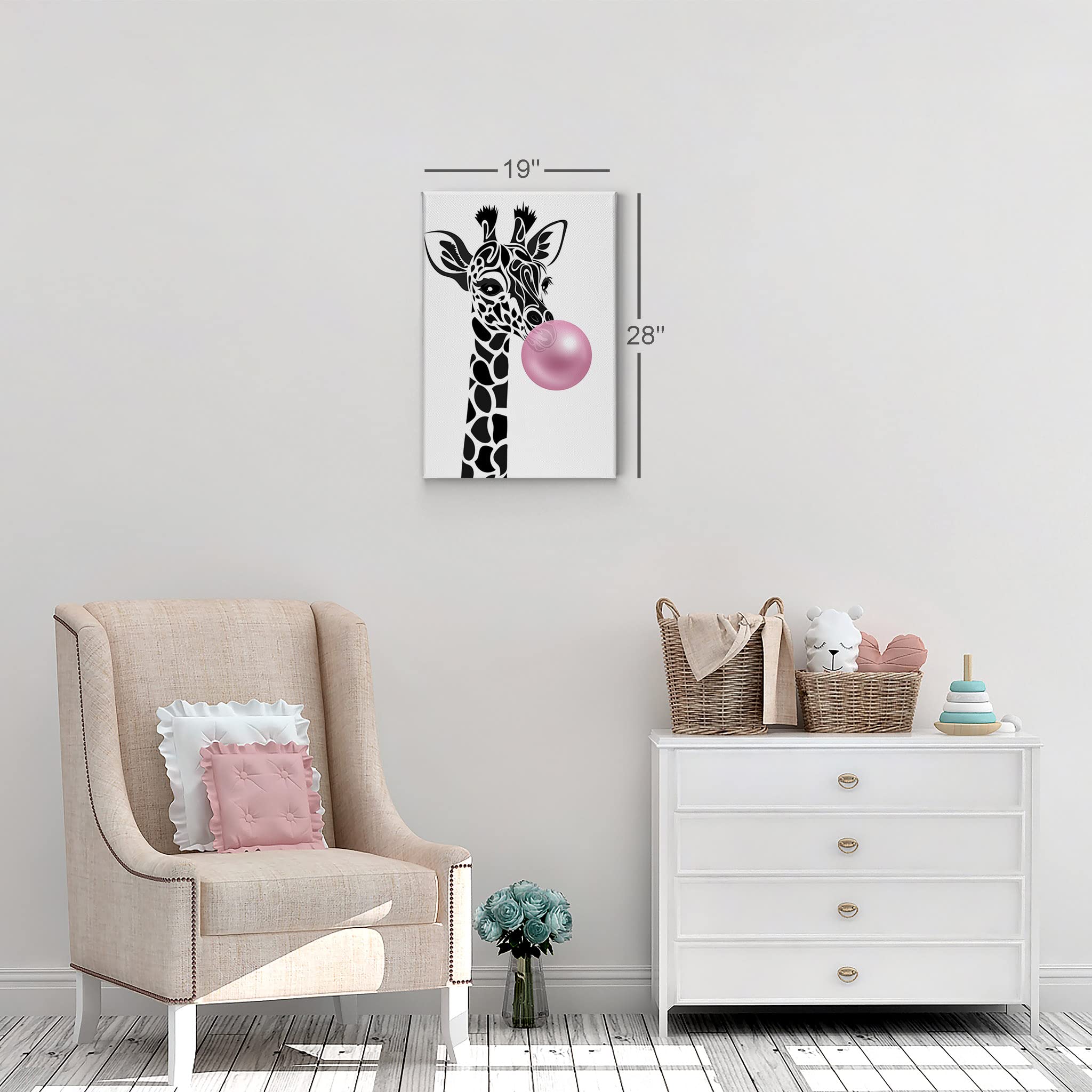 Cute Giraffe Canvas Wall Art - Pink Bubble Gum Animal Print Nursery Decor, 40x30 Inch Stretched Ready to Hang, Made in USA - Perfect for Kids Room, Baby Shower Gift & Playroom Decoration