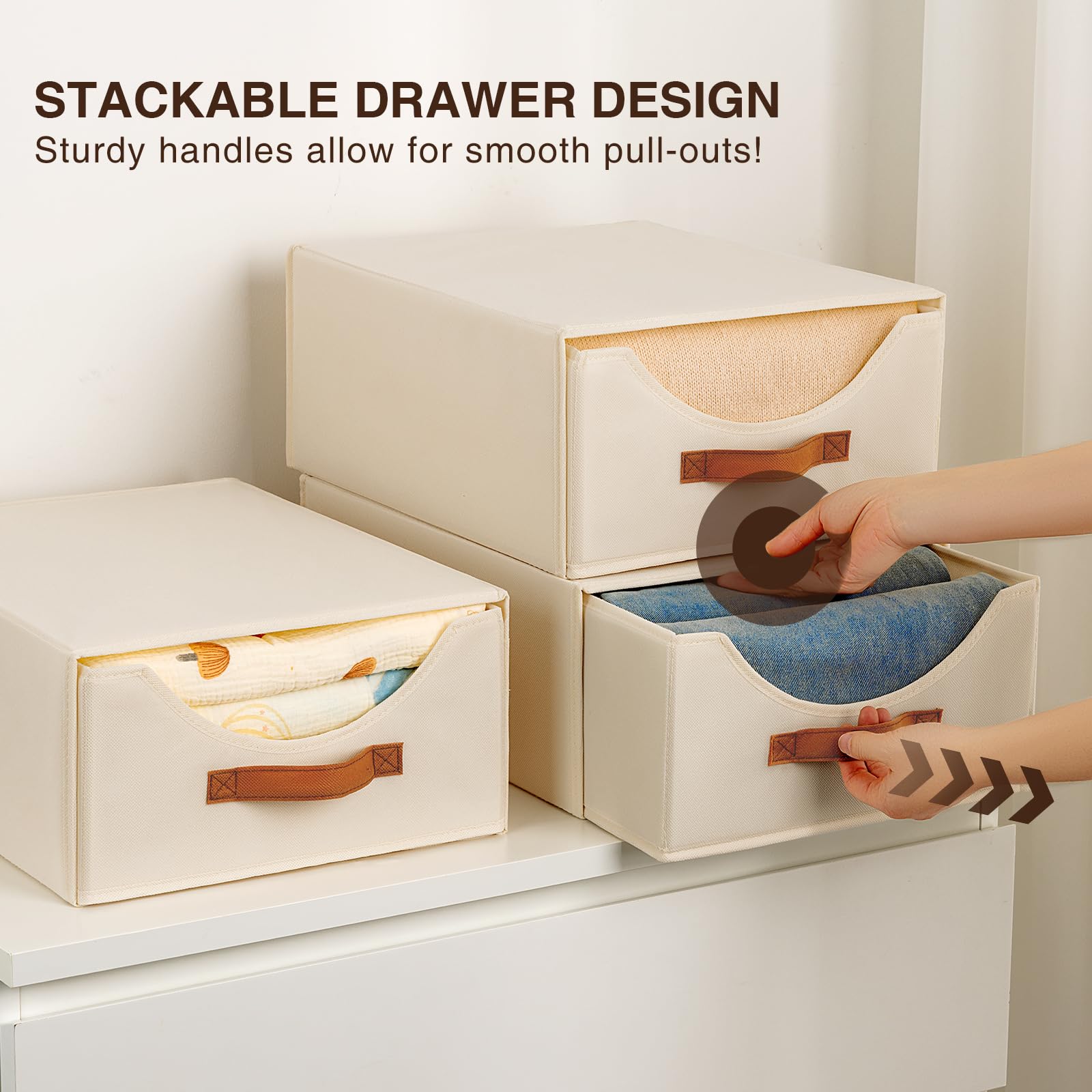 Large Fabric Storage Bins with Drawers - 4 Pack Collapsible Closet Organizers for Clothes, Bedroom & Living Room | Space-Saving Beige Storage Solutions for Home Organization