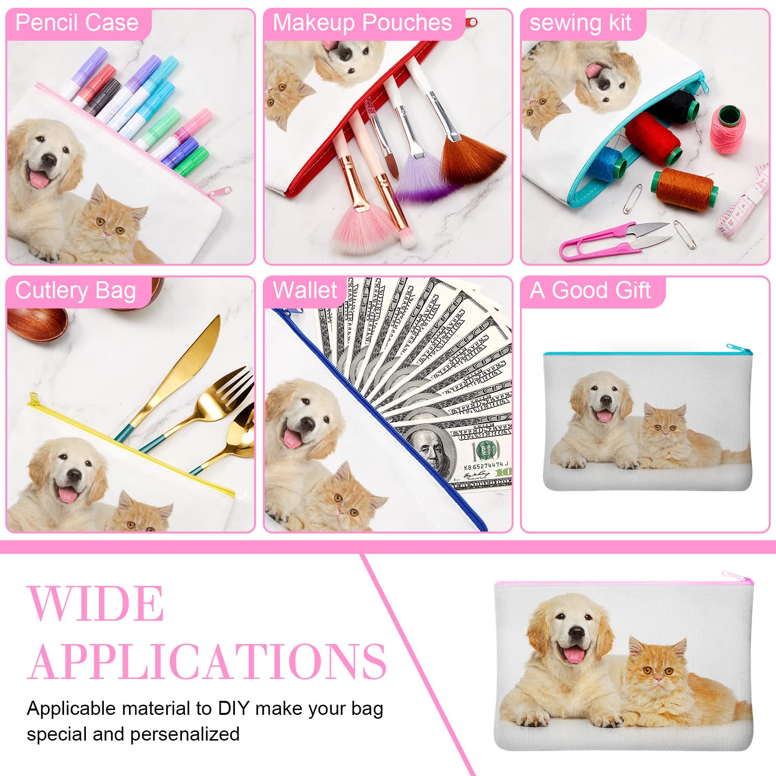 70-Piece Sublimation Blank Canvas Makeup Bags Bulk Set - DIY Heat Transfer Cosmetic Pouch, Zippered Pen & Pencil Case (7.87