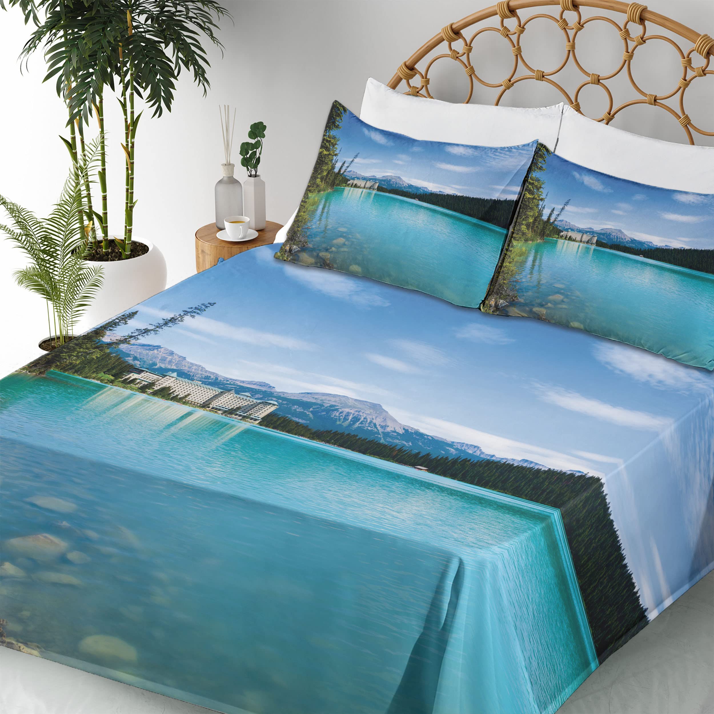 Ambesonne Historical Castle Landscape Sheet Set - 4 Piece King Size Bedding with Fitted Sheet, Flat Sheet & Pillowcases - Turquoise Green Canadian Rural Art Design for Luxurious Bedroom Decor | Perfect for Guest Rooms, Vacation Homes & Castle-Themed Bedrooms