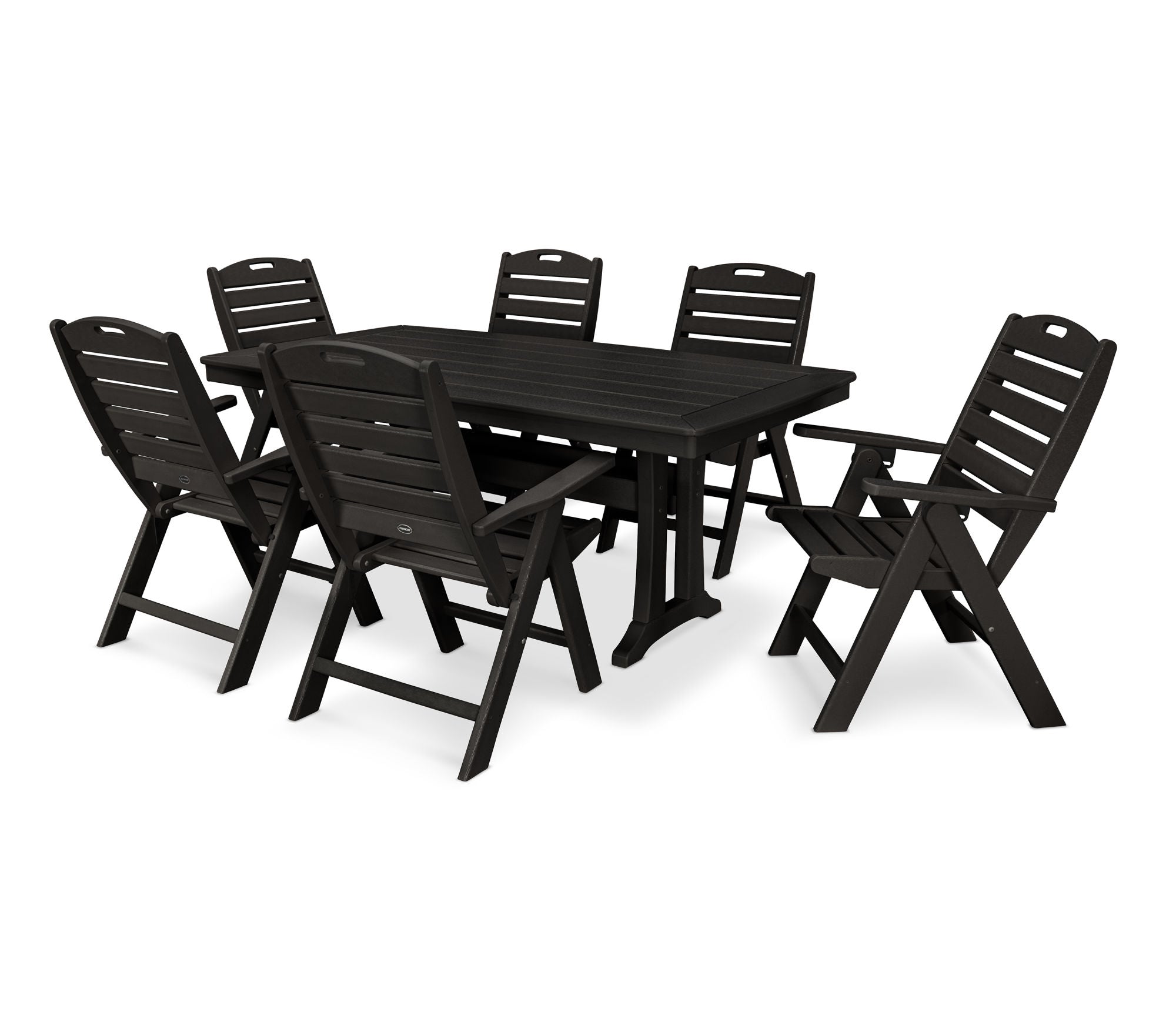 POLYWOOD 7-Piece Nautical Folding Highback Chair Dining Set with Trestle Legs - Outdoor Patio Furniture for Beach House, Poolside & Coastal Decor