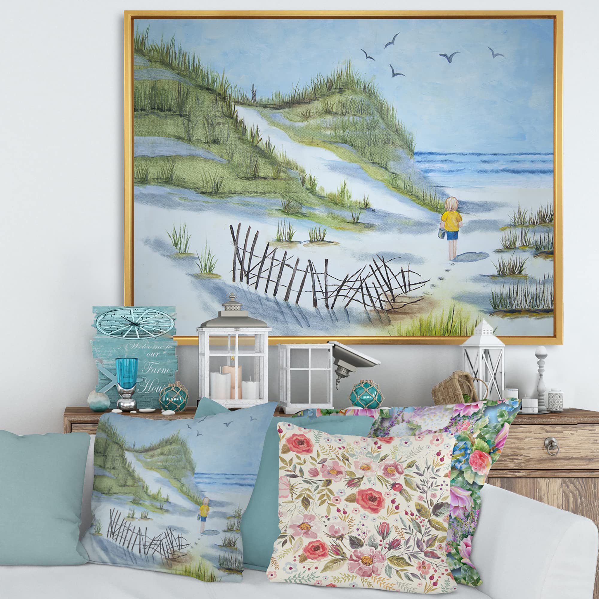 DesignQ Nautical & Coastal Framed Canvas Wall Art Print - Beach Walking Child Painting for Nursery, Kids Room & Coastal Home Decor