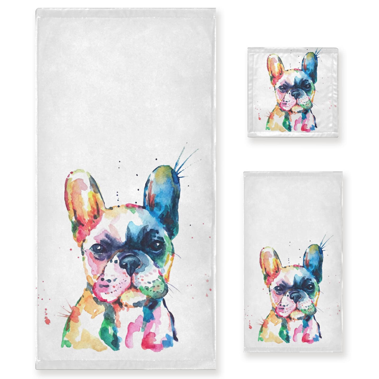 **Pfrewn French Bulldog Puppy Towels Set of 3 - Soft, Absorbent Watercolor Dog Design Bath & Hand Towels with Washcloth - Perfect for Bathroom Decor, Guest Towels & Pet Lover Gifts**