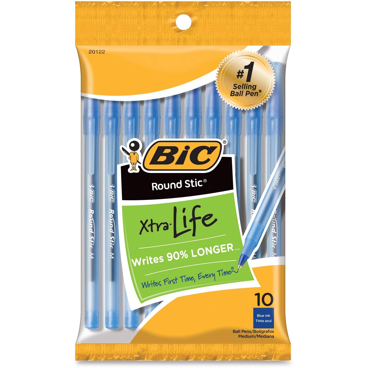BIC Round Stic Xtra Life Blue Ballpoint Pens - Medium Point (1.0mm), 10-Pack Bulk Ballpoint Pens for School, Office & Home Use - Comfortable Grip, Smooth Writing - #1 Best Selling Pens for Everyday Writing Needs