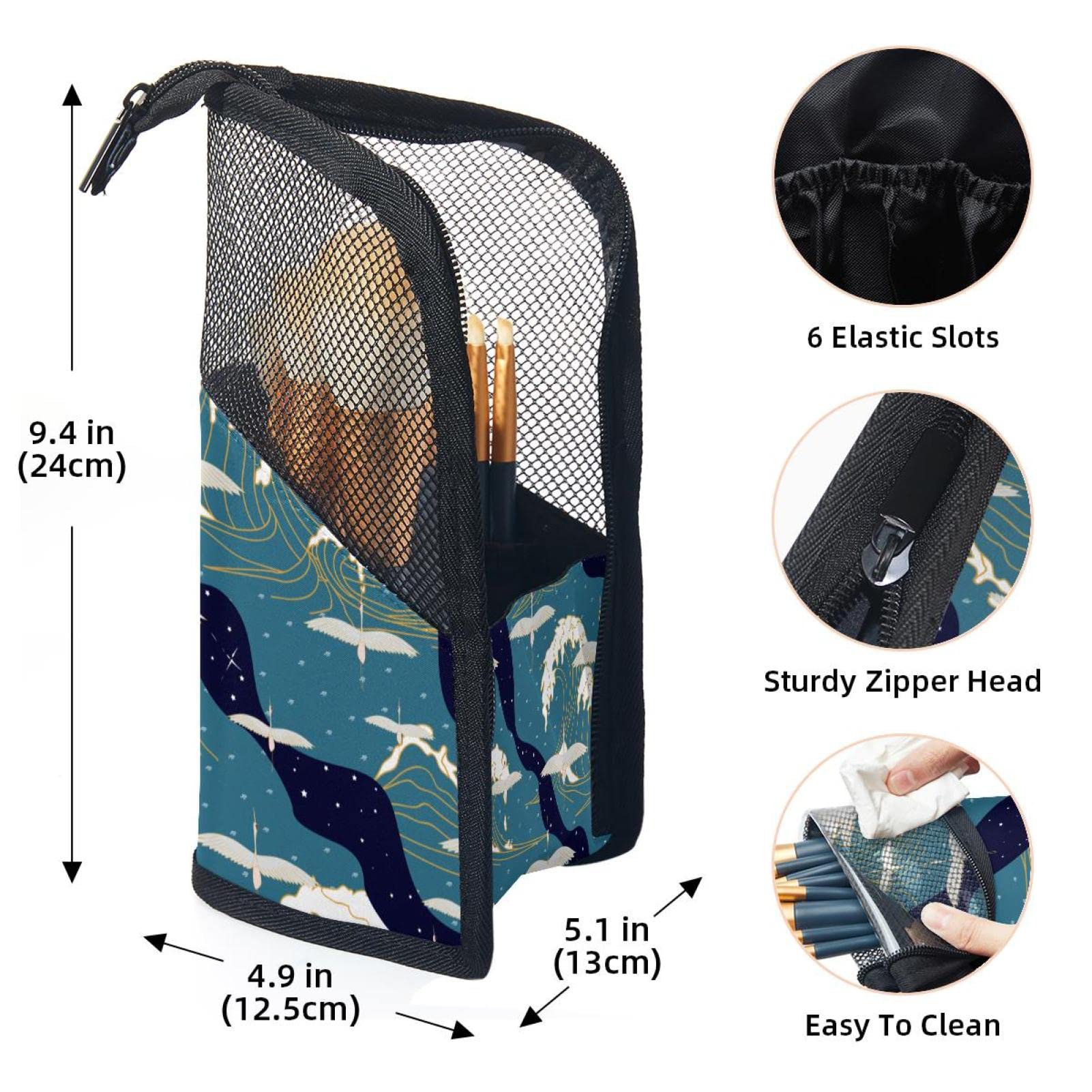 Premium 12-Slot Makeup Brush Organizer Bag - Elegant Bird & Crane Sea Wave Design, Portable Travel Cosmetic Brush Holder Case for Professional Artists & Home Use