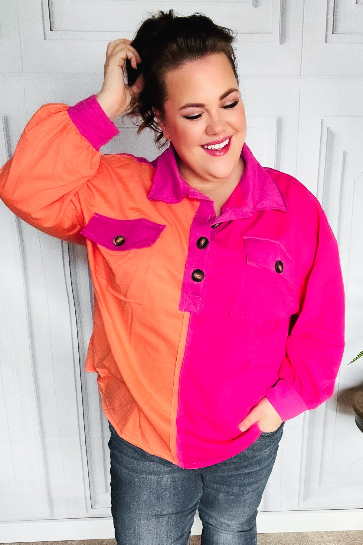 Stylish Orange & Fuchsia Color Block Button Down Shirt for Women | Trendy Casual & Office Wear | Perfect for Work, Dates & Everyday Outfits