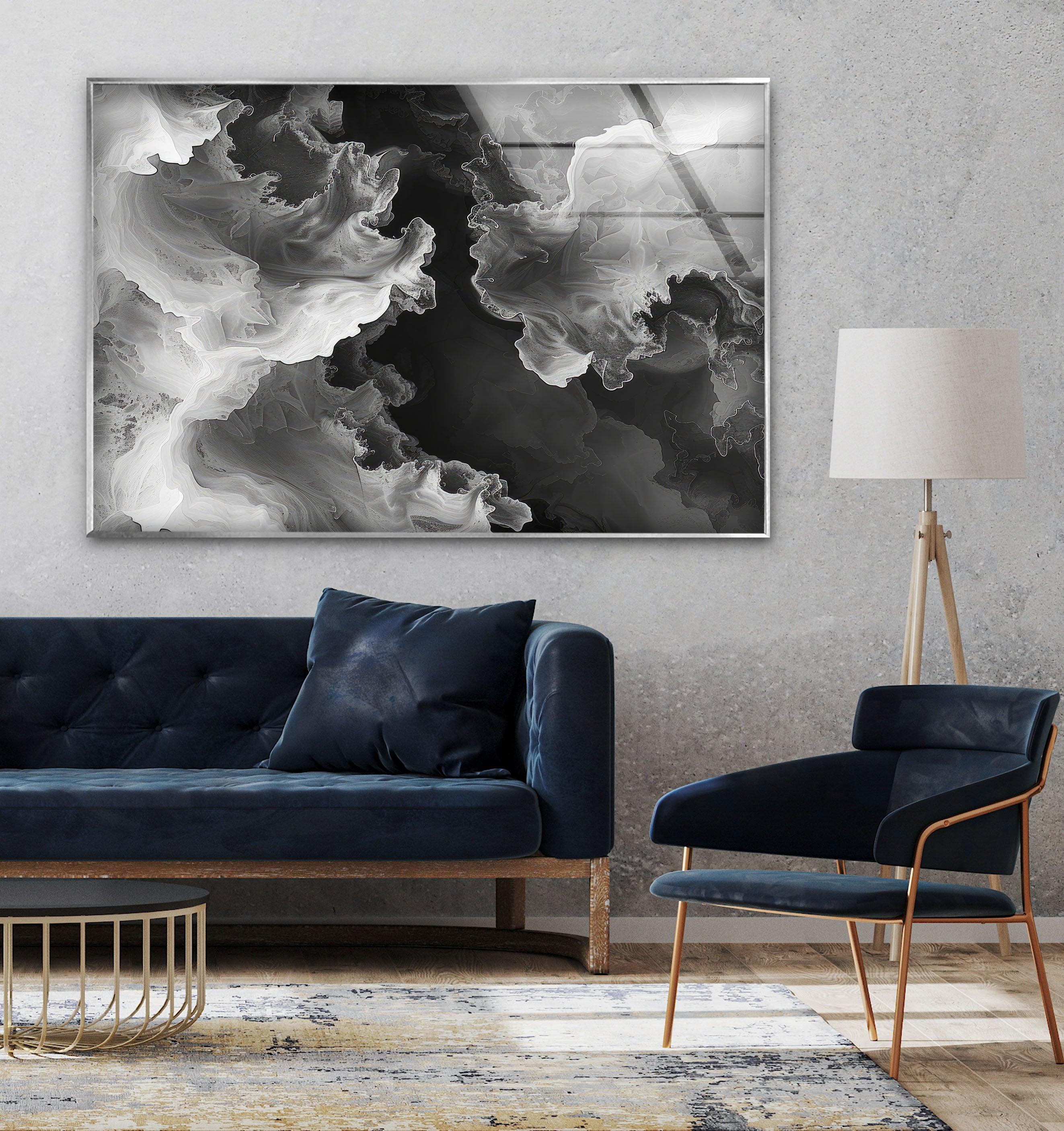 Modern Black & White Abstract Wave Glass Wall Art - Handmade Contemporary Home Decor for Living Room, Bedroom & Office