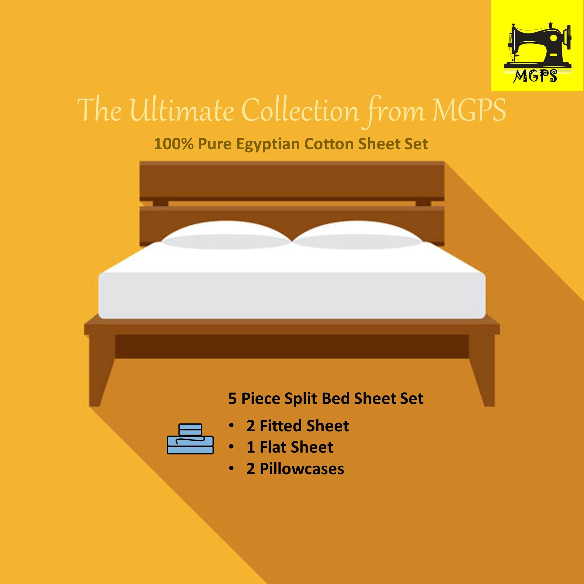 Premium 1000-Thread-Count 100% Egyptian Cotton Split King Sheet Set - 5PC with 2 Fitted Sheets, Soft Sateen Weave, 15