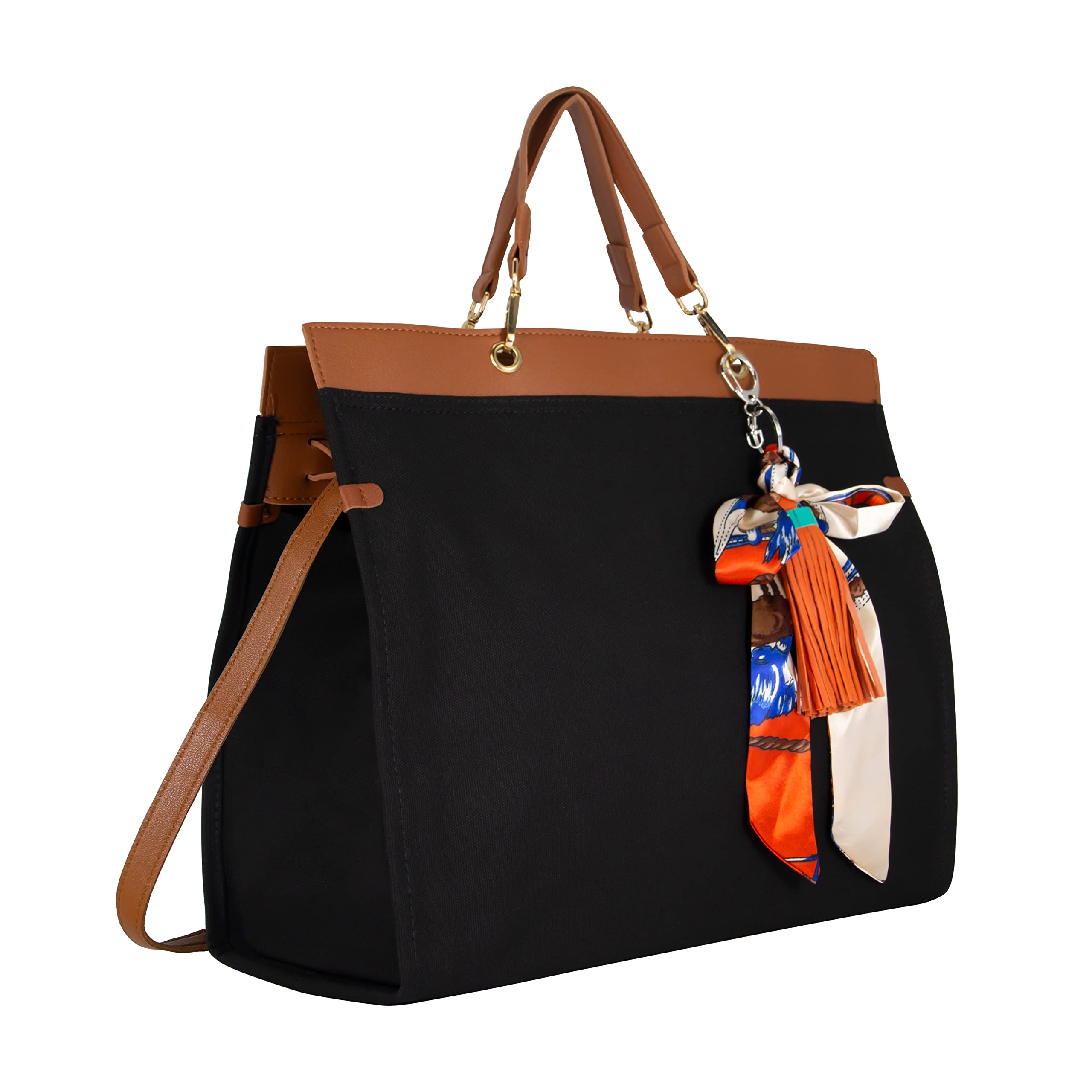 Stylish TANJUR Canvas Tote Bag with Silk Scarf Tassel - Fashionable Shoulder Satchel & Top Handle Purse for Women | Perfect for Work, Shopping, and Travel Accessories