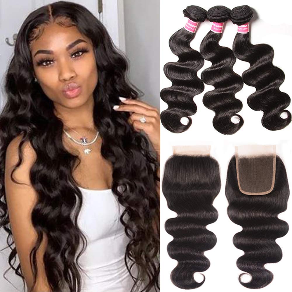 10A Brazilian Body Wave Virgin Hair Weave - 3 Bundles with Lace Closure (10 12 14+10Closure) | Unprocessed 100% Human Hair Extensions | Natural Color | Free Part | For Styling, Volume & Length | Perfect for Daily Wear, Parties & Special Occasions