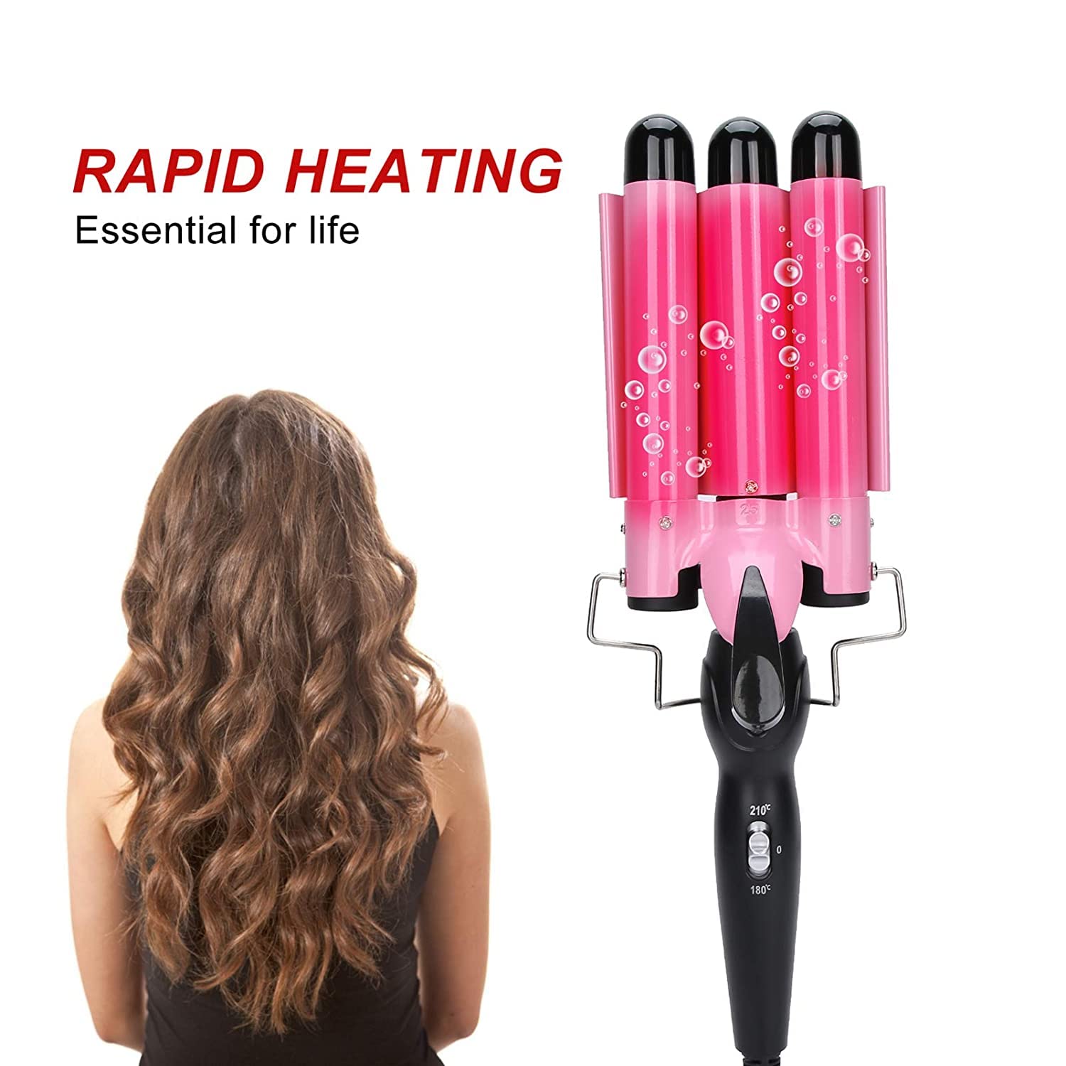 Professional Pink Hair Curling Iron Wand - Easy to Use Hair Crimper for Styling, Perfect for Parties, Dates & Special Occasions