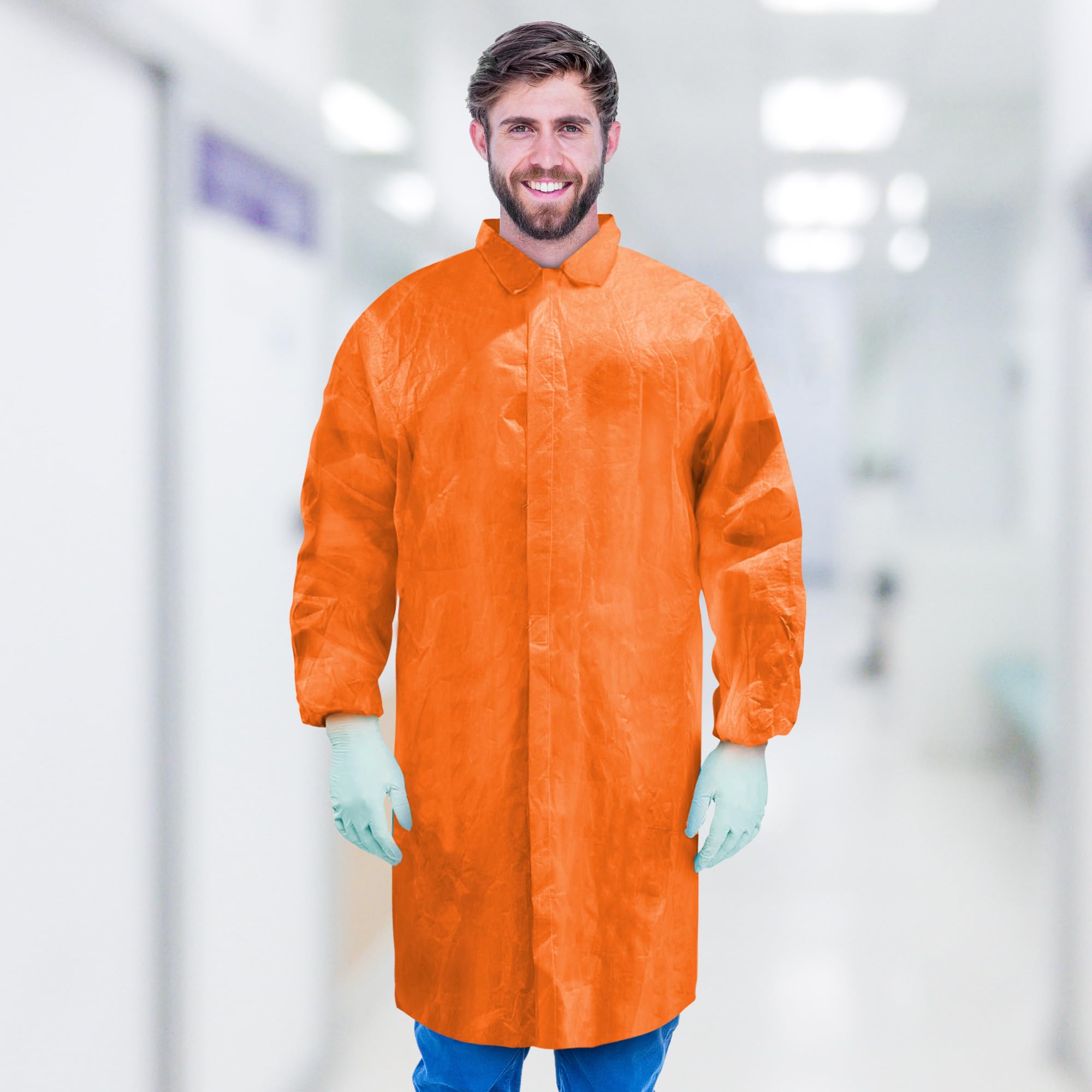 ABC PACK & SUPPLY Orange Disposable Lab Coats for Adults - 3X-Large (Pack of 50) | Polyethylene Coated Polypropylene | Medical Grade | Hook & Loop Closure | No Pockets | Ideal for Laboratories, Cleanrooms & Healthcare Facilities