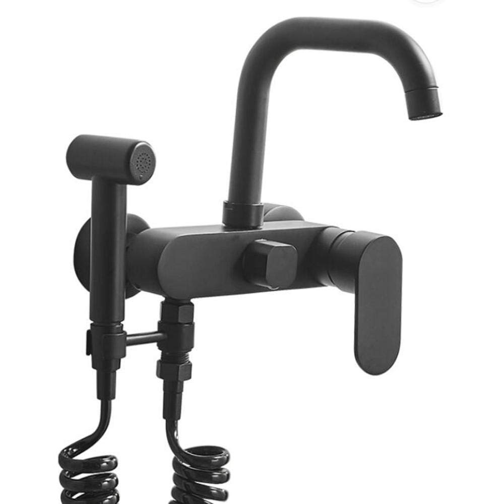 Premium Wall Mount Faucet with Spray Gun & Swivel - Solid Brass Construction in Matte Black | 2-Hole Hot/Cold Water Kitchen Sink & Laundry Trough Faucet | Perfect for Modern Farmhouse, RV, and Outdoor Utility Sinks