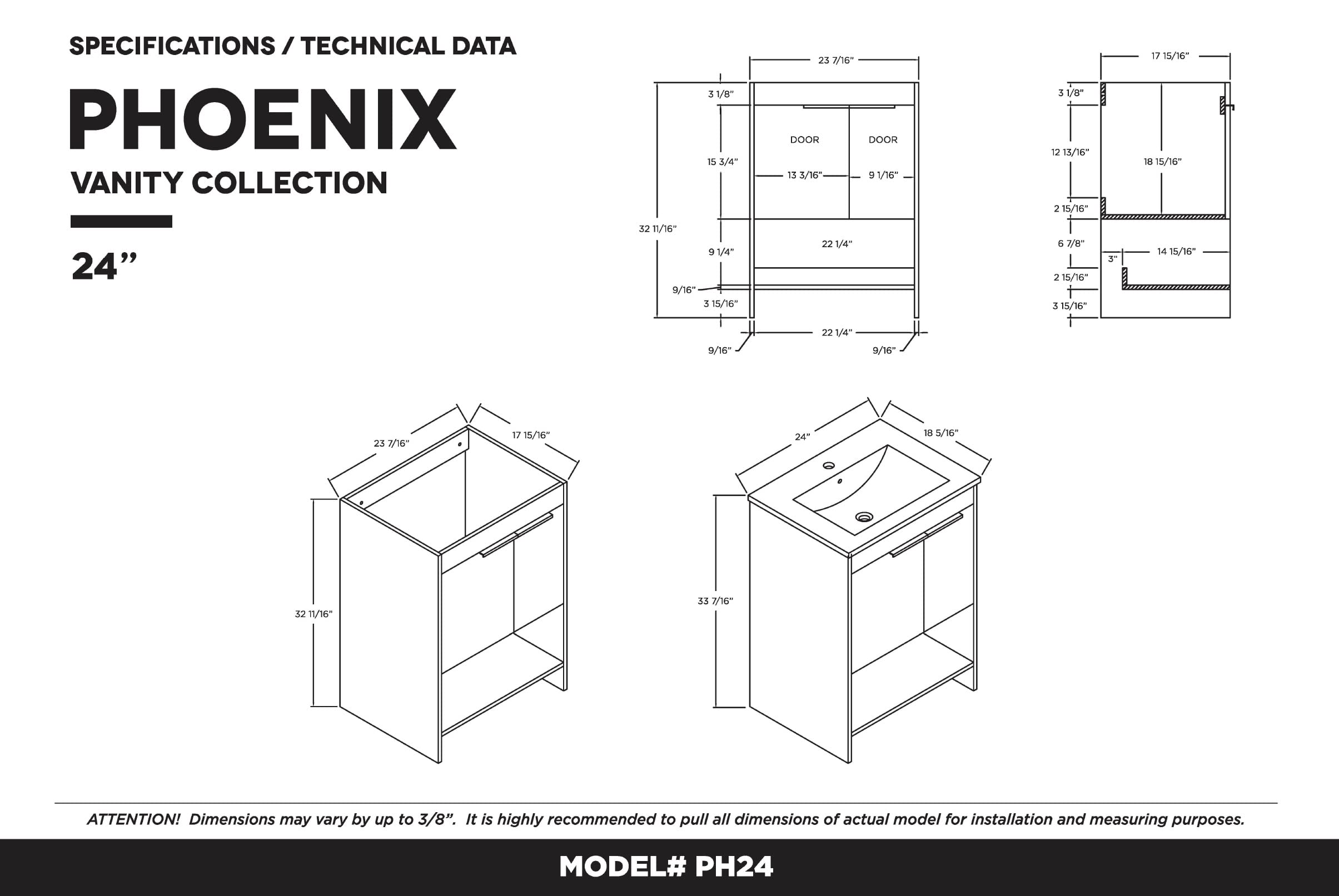 Fine Fixtures Phoenix 24 Inch Bathroom Vanity with Sink - Modern Grey Vanity Set with Soft-Close Doors & Storage Drawers | Durable Construction for Small Bathrooms | Perfect for Apartments, Guest Baths & Powder Rooms (Assembly Required)