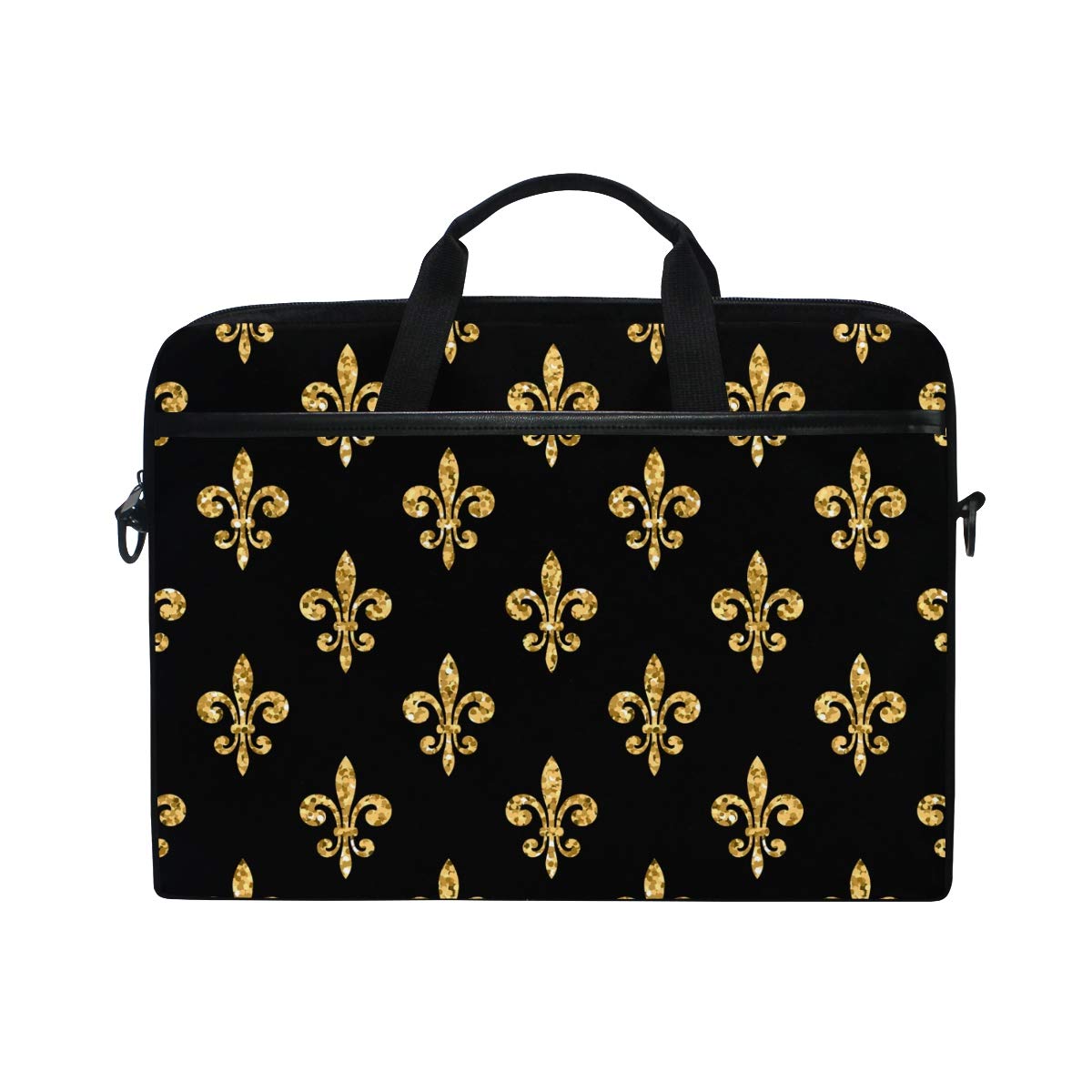 Golden Fleur-De-Lis Floral Black Laptop Shoulder Bag - Stylish Briefcase Computer Bag with Adjustable Strap Fits 13-14 Inch Laptops - Perfect for Work, School & Travel