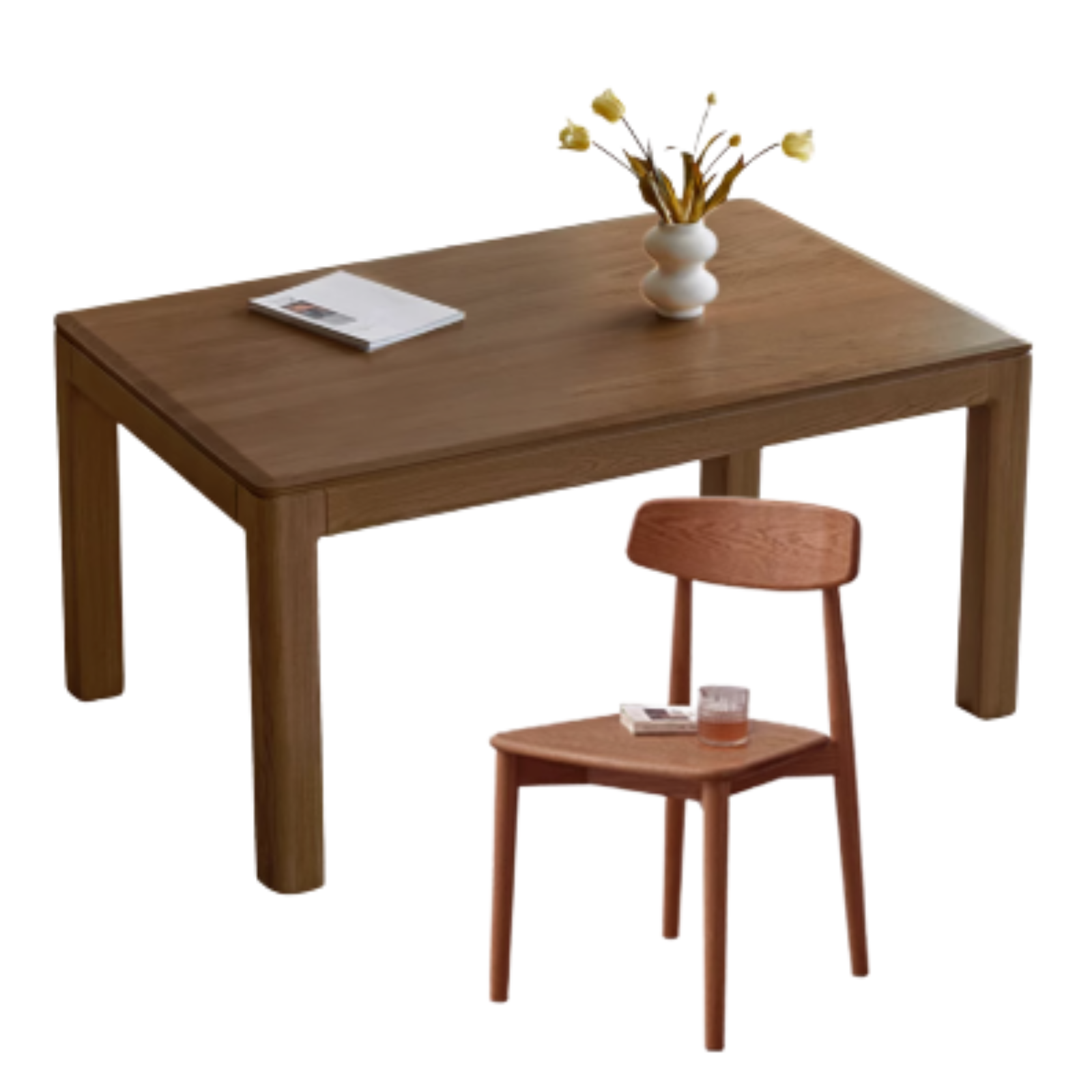 55.1x31.5x29.9 inch / 140x80x76 сm / Walnut color / Red Oak Dining table + 4 pcs chairs