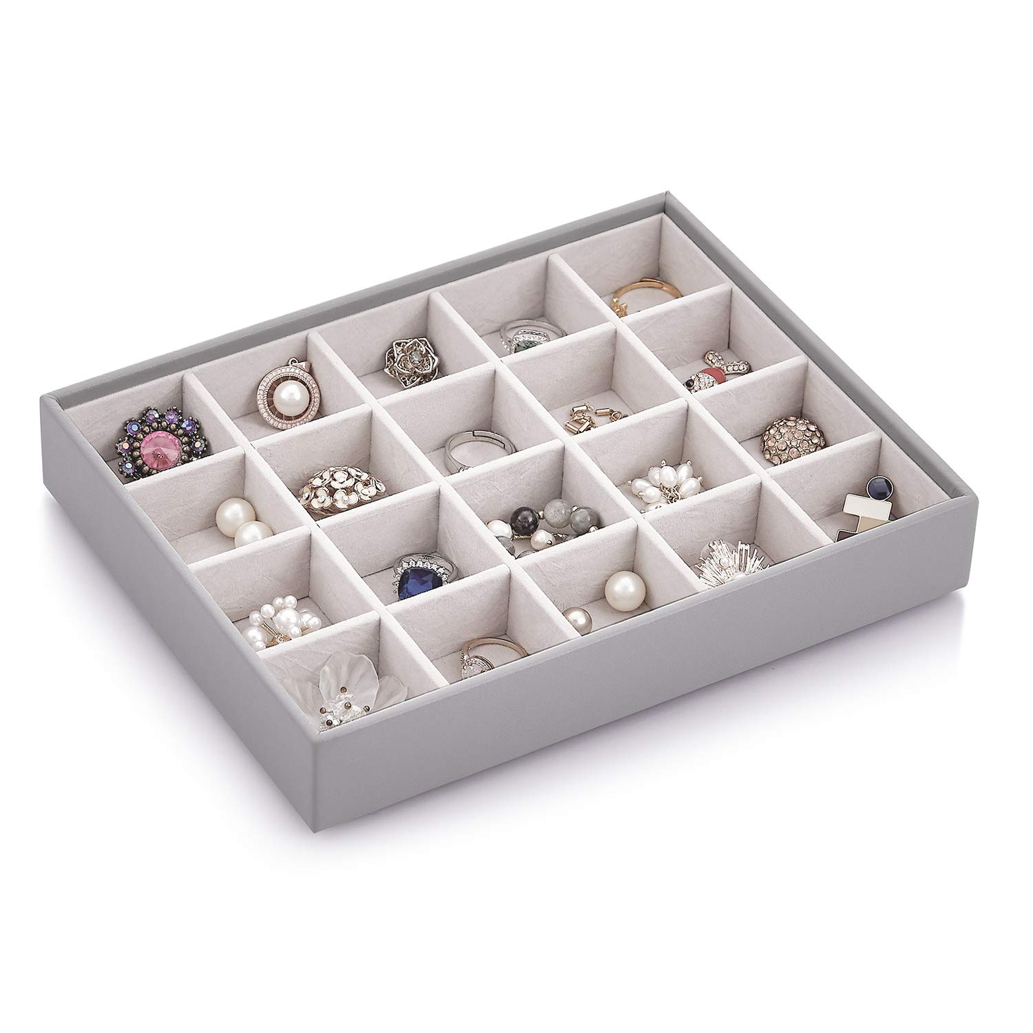 Vlando Jewelry Organizer Tray - 20 Grid Faux Leather Desktop Storage Box for Earrings, Necklaces, Bracelets & Rings | Multi-Purpose Drawer Organizer for Jewelry Display & Accessories (Grey) | Perfect for Bedroom, Vanity, Travel & Gift Giving