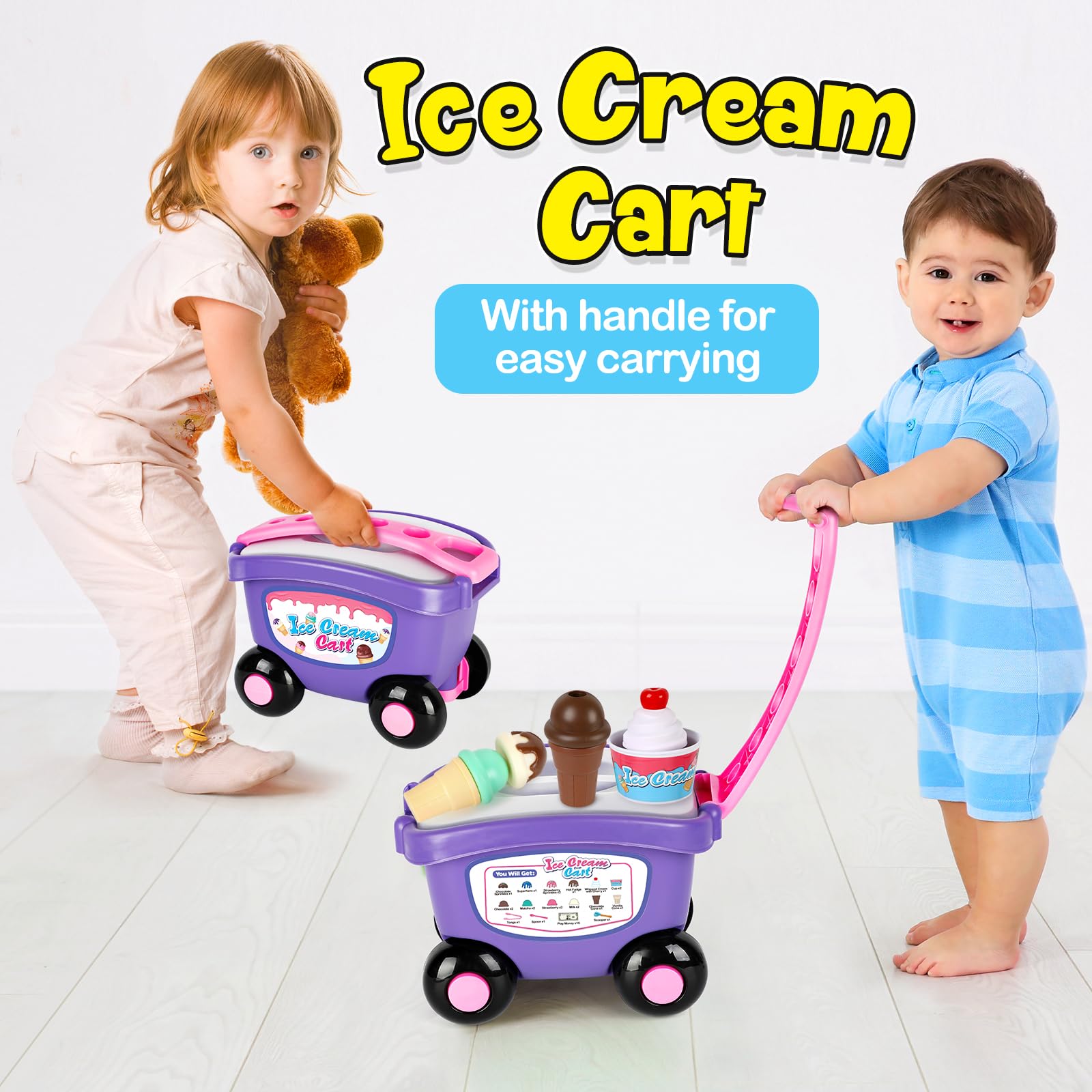 Torlam Kids Pretend Play Ice Cream Cart Toy Set - Interactive Ice Cream Shop Counter with Scoop & Cone Maker - Educational Grocery Store Playset for Toddlers Ages 3-6 (Boys & Girls) - Perfect for Birthday Gifts, Role Play & Early Learning Activities