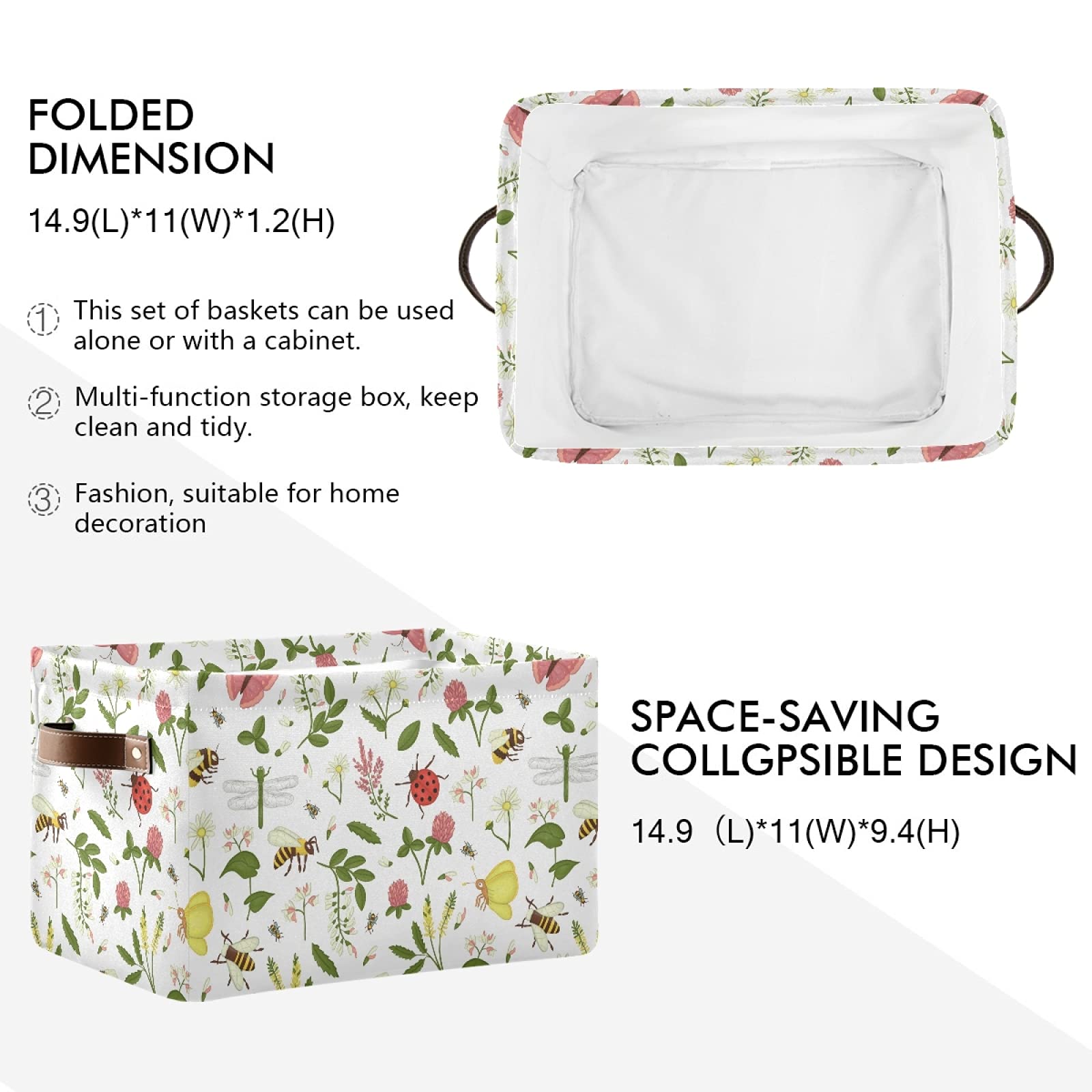Wild Flowers Ladybug Storage Basket Bin - Large Collapsible Canvas Cube Storage Box Organizer for Home, Office, Closet (2 Pack, 15