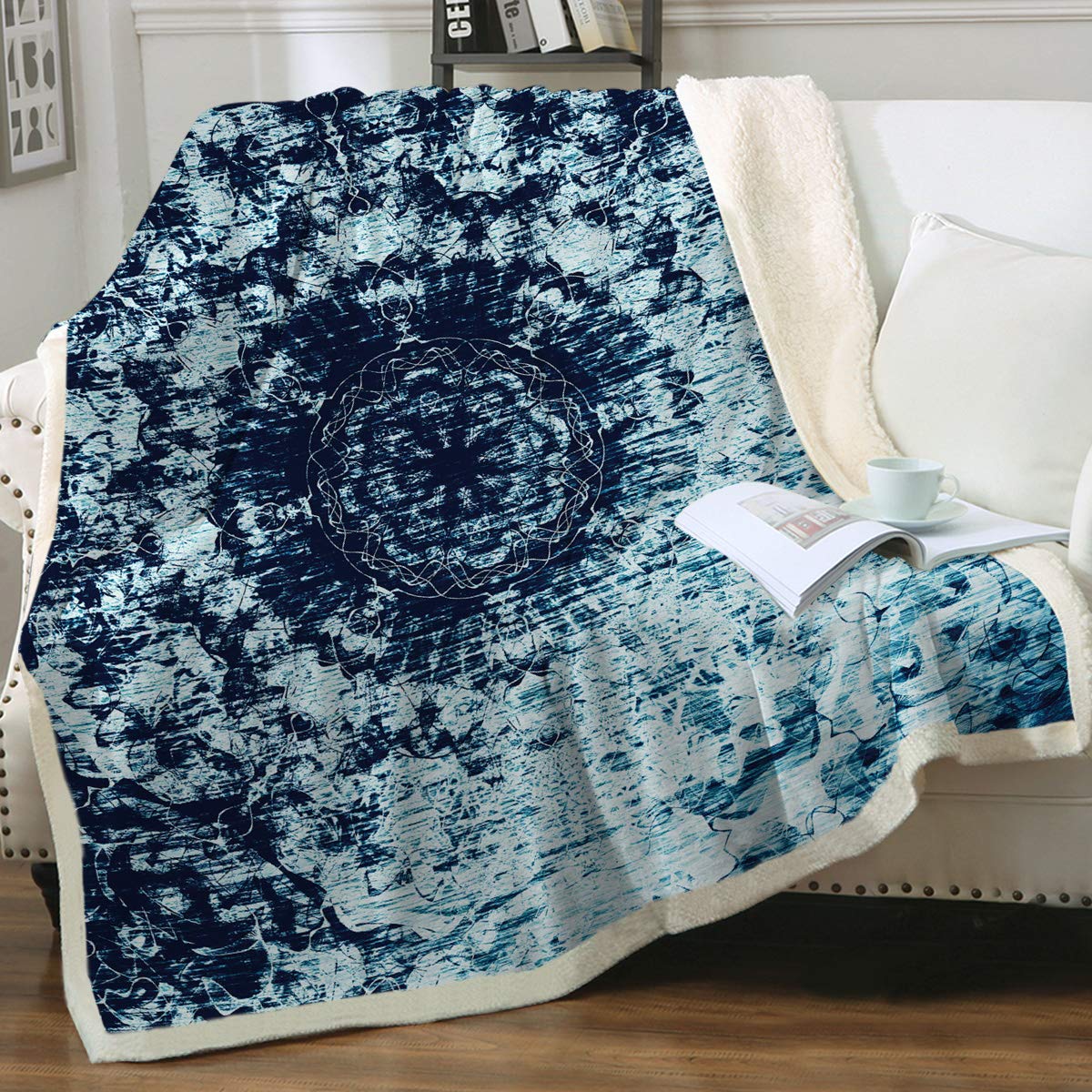 Sleepwish Blue Tie Dye Sherpa Fleece Blanket - Super Soft Boho Mandala Pattern Indigo Throw - 60