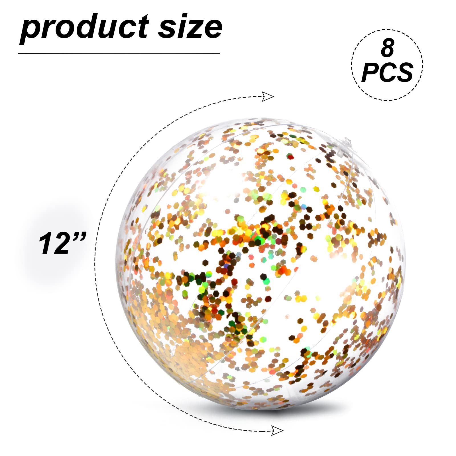 Skylety 8-Piece Inflatable Clear Glitter Confetti Beach Balls - Transparent Pool Party Decorations for Summer, Swimming Pools, Beach Parties & Outdoor Events (Gold)