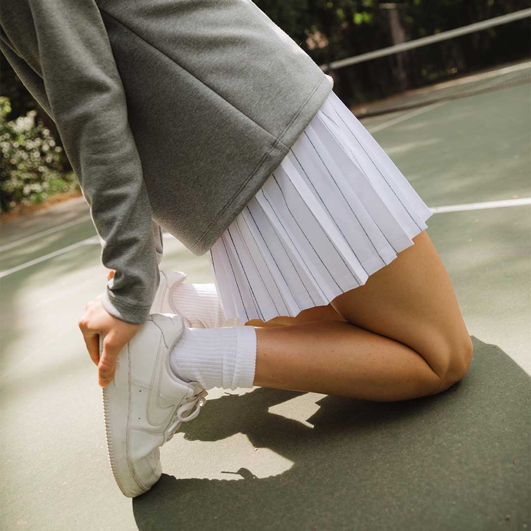 Women's White Pinstripe Tennis Skirt with Built-in Shorts - Breathable Athletic Skirt for Tennis, Pickleball & Gym Workouts - Perfect for Sports & Casual Wear
