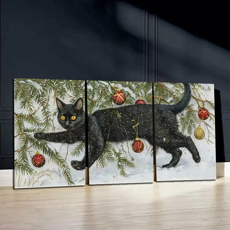 3-Piece Black Cat Entangled in Christmas Decorations Wall Art Set - Framed Canvas 50x70cm (20x28in) - High Quality Print - 100% Australian Made - Ready to Hang - Perfect for Holiday Home Decor, Living Room & Bedroom Wall Art
