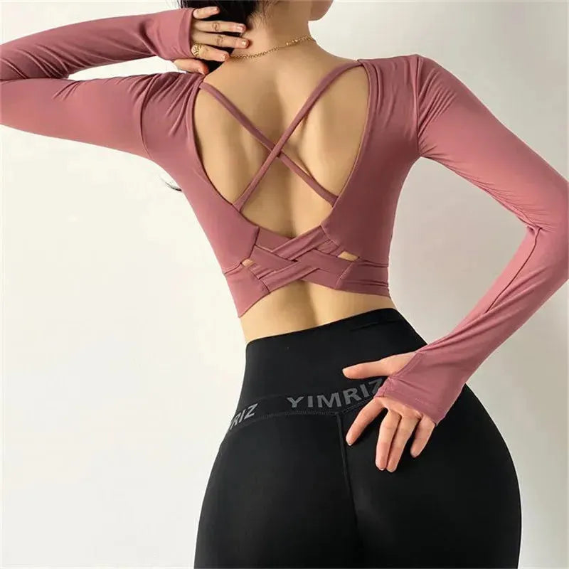 Women's High Elastic Inner Padded Sport T-Shirt - Sexy Back Long Sleeve Yoga Top for Fitness, Running & Workout - Breathable Gym Clothes for Yoga, Pilates & Cardio Training